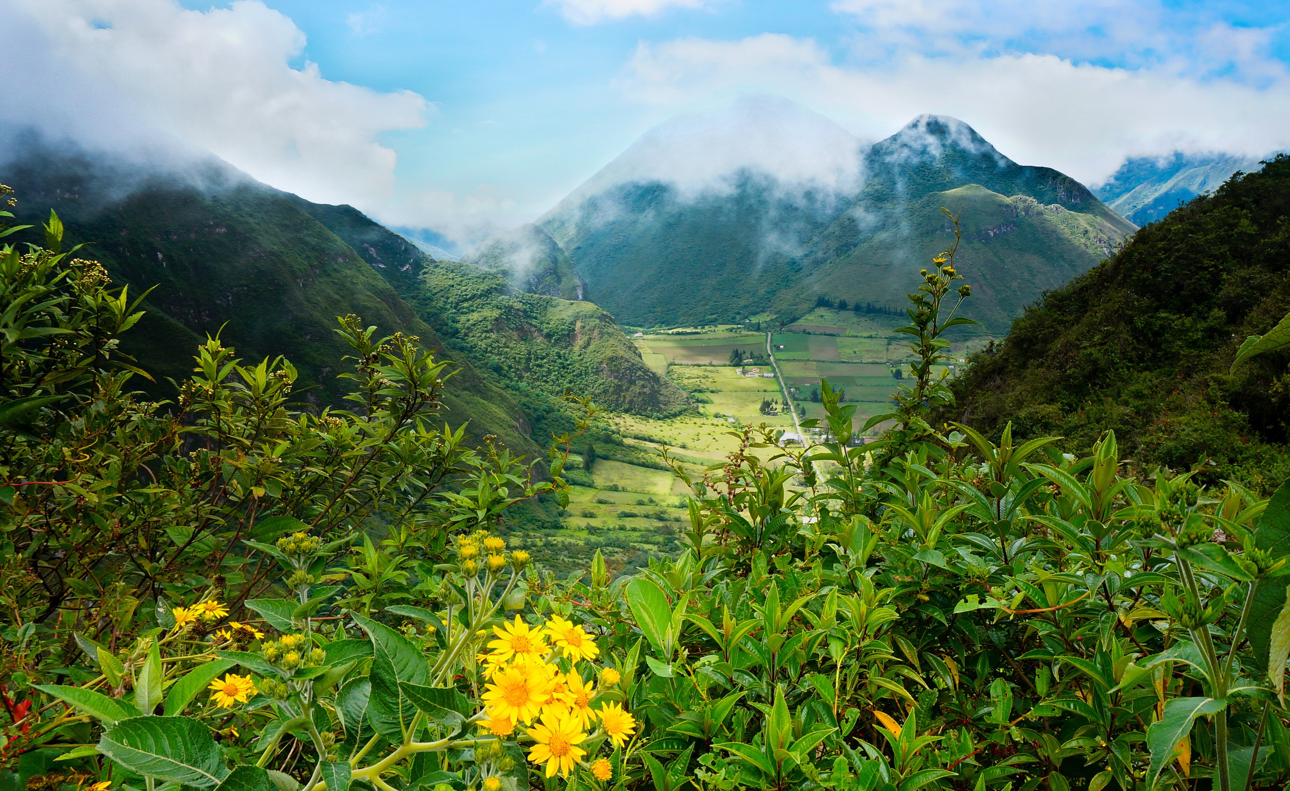 Pululahua Volcano Scenery with Mountains and Fields in Ecuador HD Wallpaper