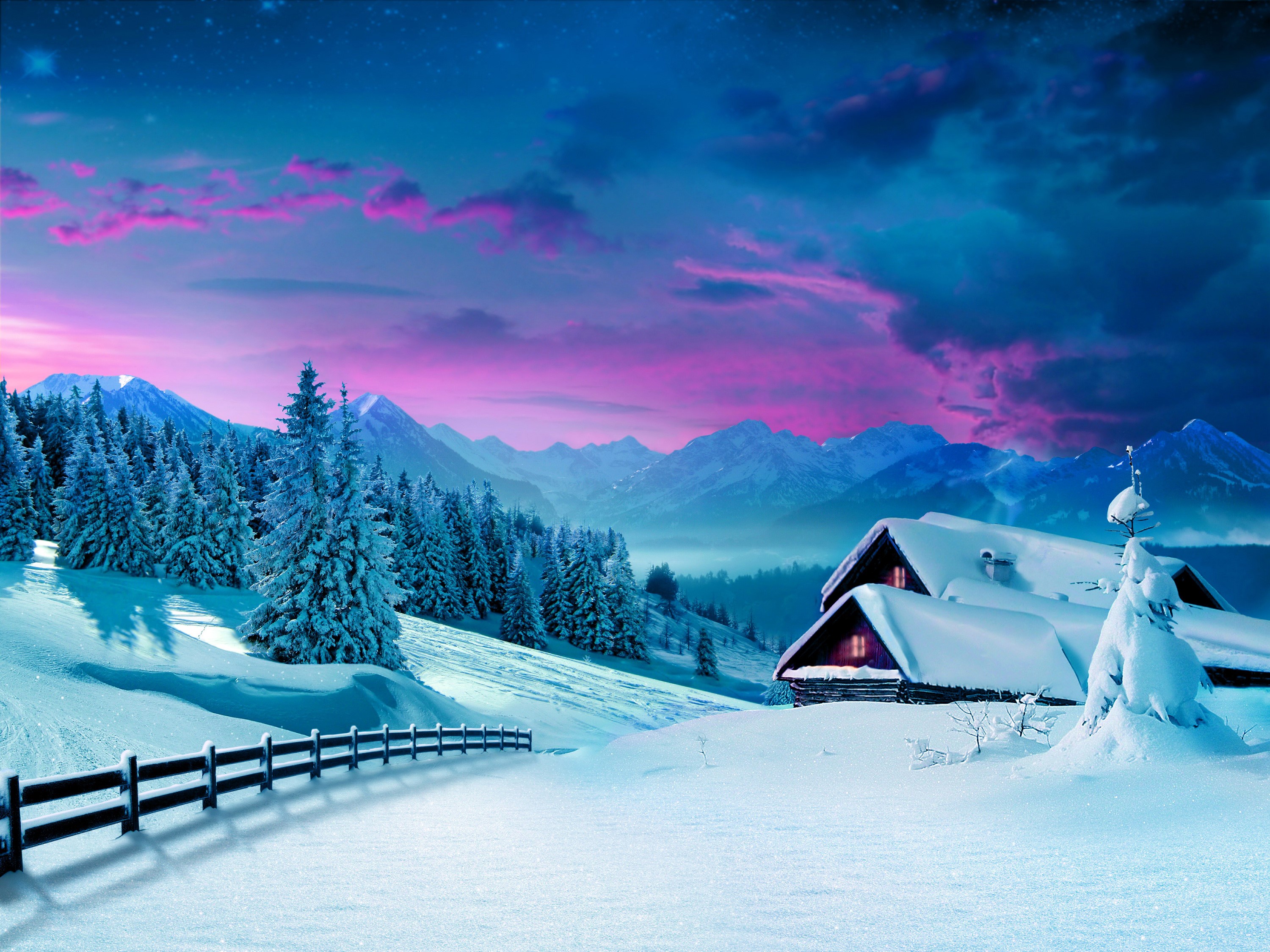 Snowy mountain landscape with houses and fence HD Wallpaper