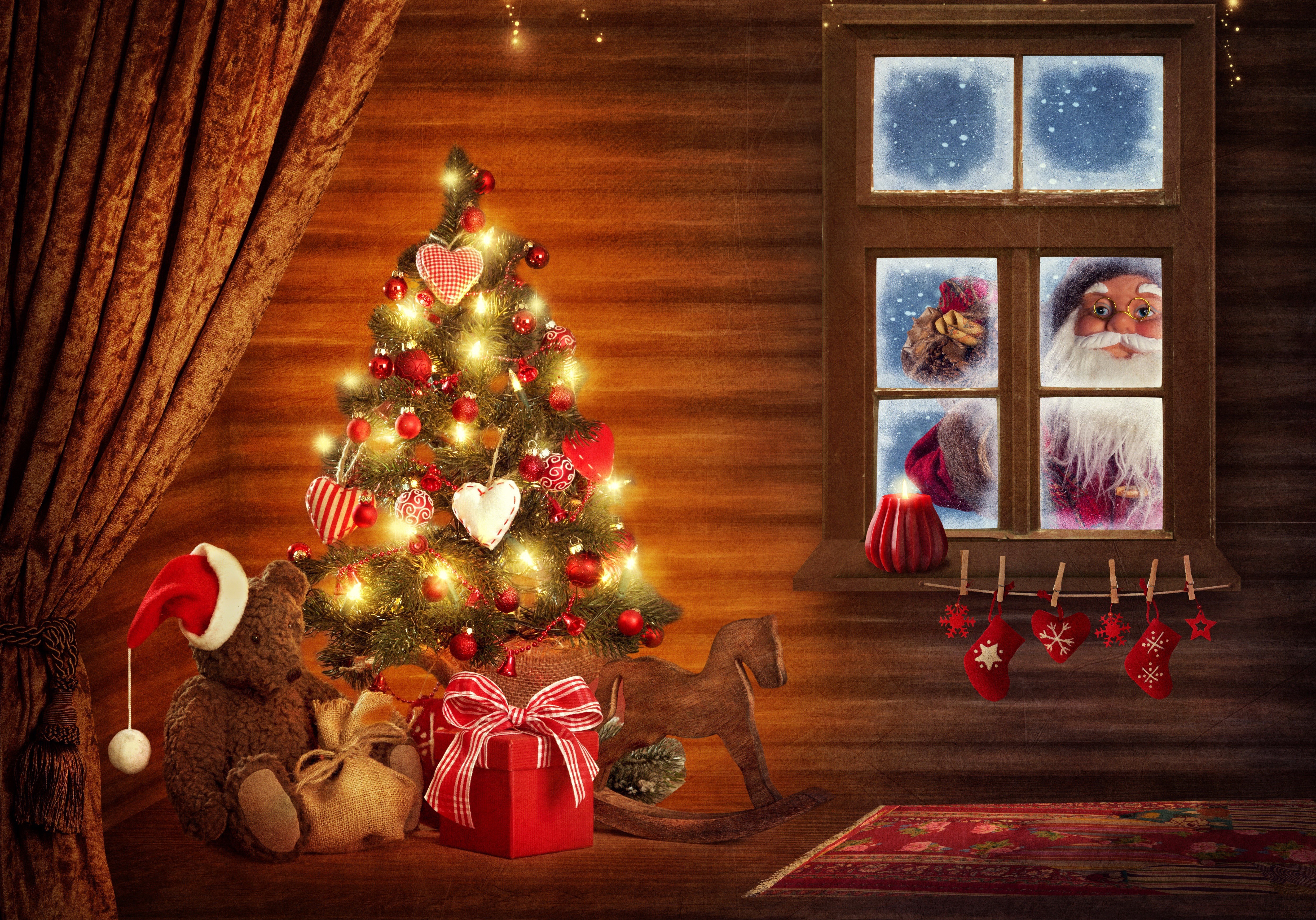 Christmas Scene with Teddy Bear and Santa at Window HD Wallpaper