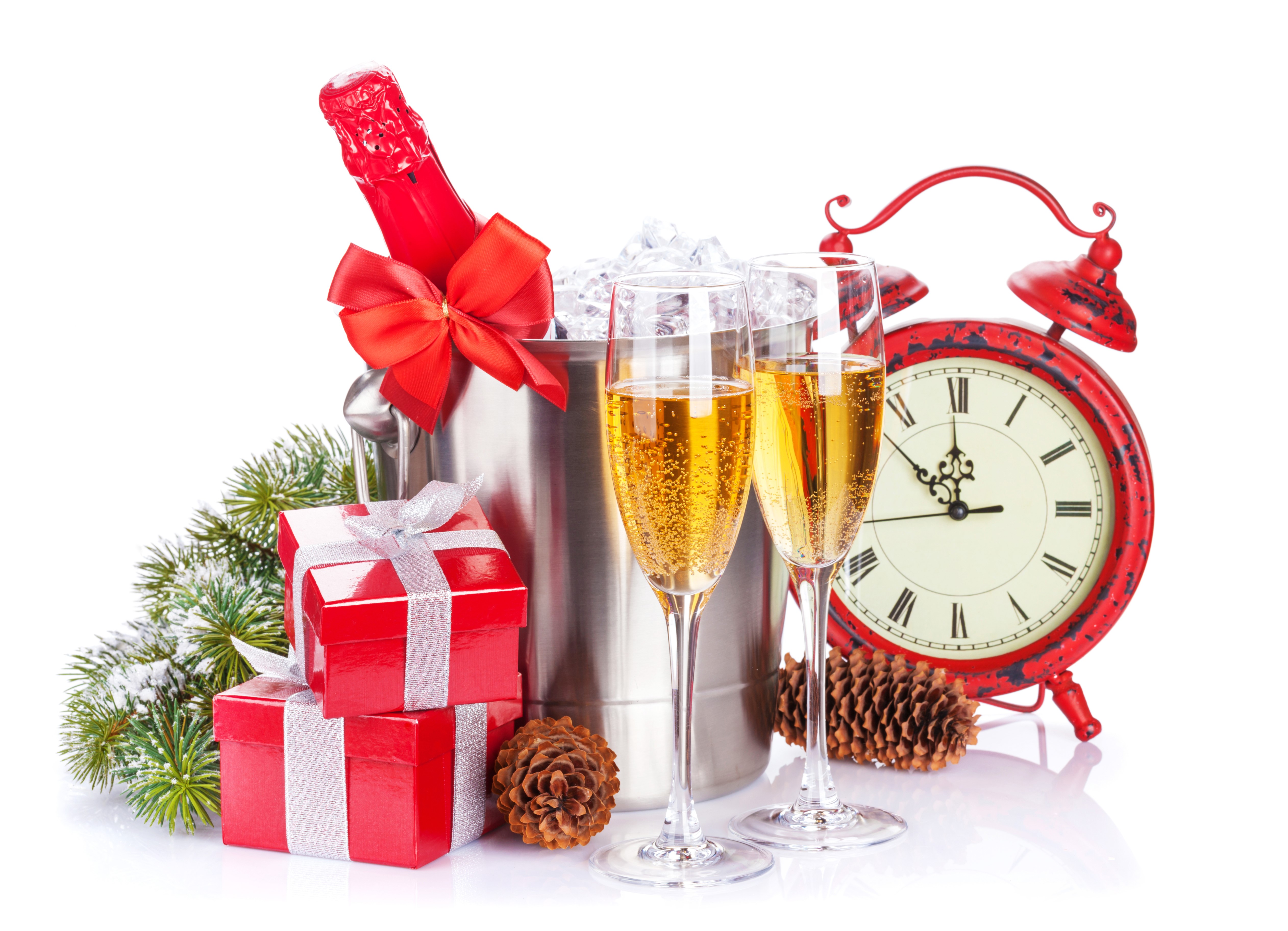 Champagne, Gifts, and Clock for New Year's Eve HD Wallpaper