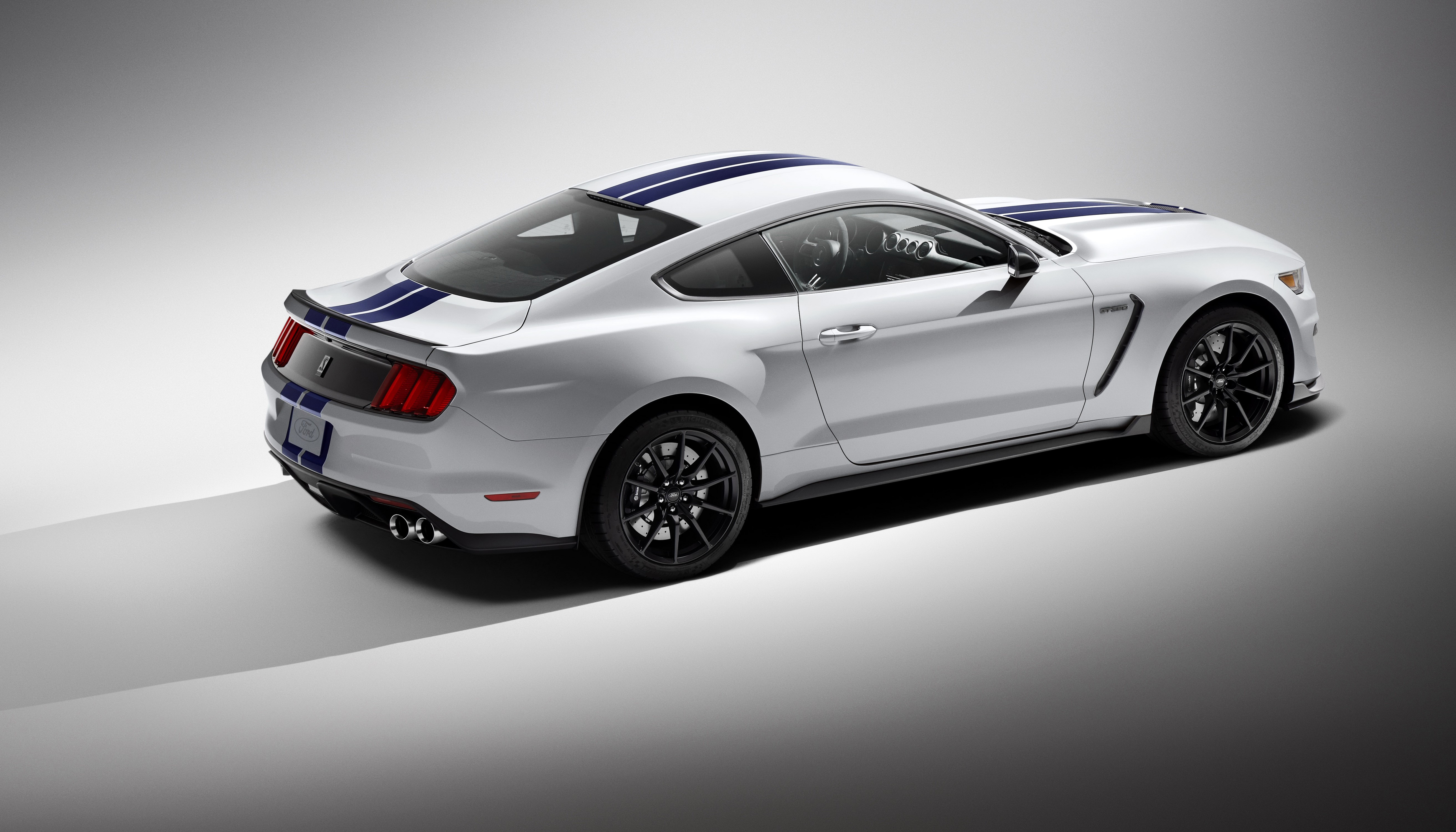 White 2015 Ford Mustang Shelby GT350 with Blue Stripes HD Wallpaper