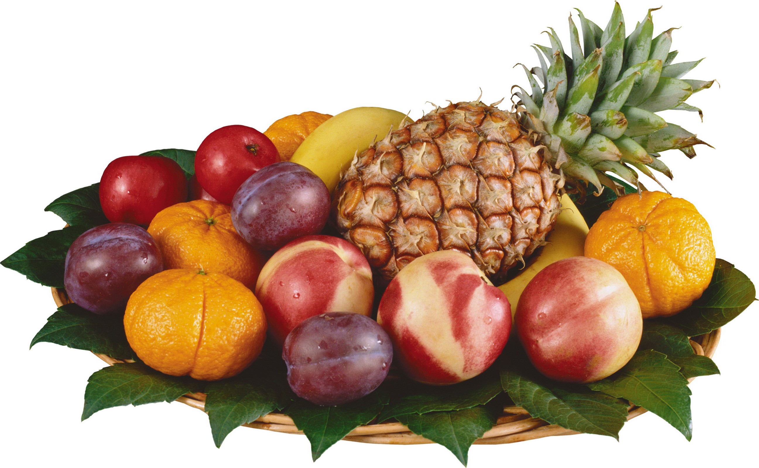 Fruit basket with pineapple, plums, peaches, oranges, and bananas HD Wallpaper