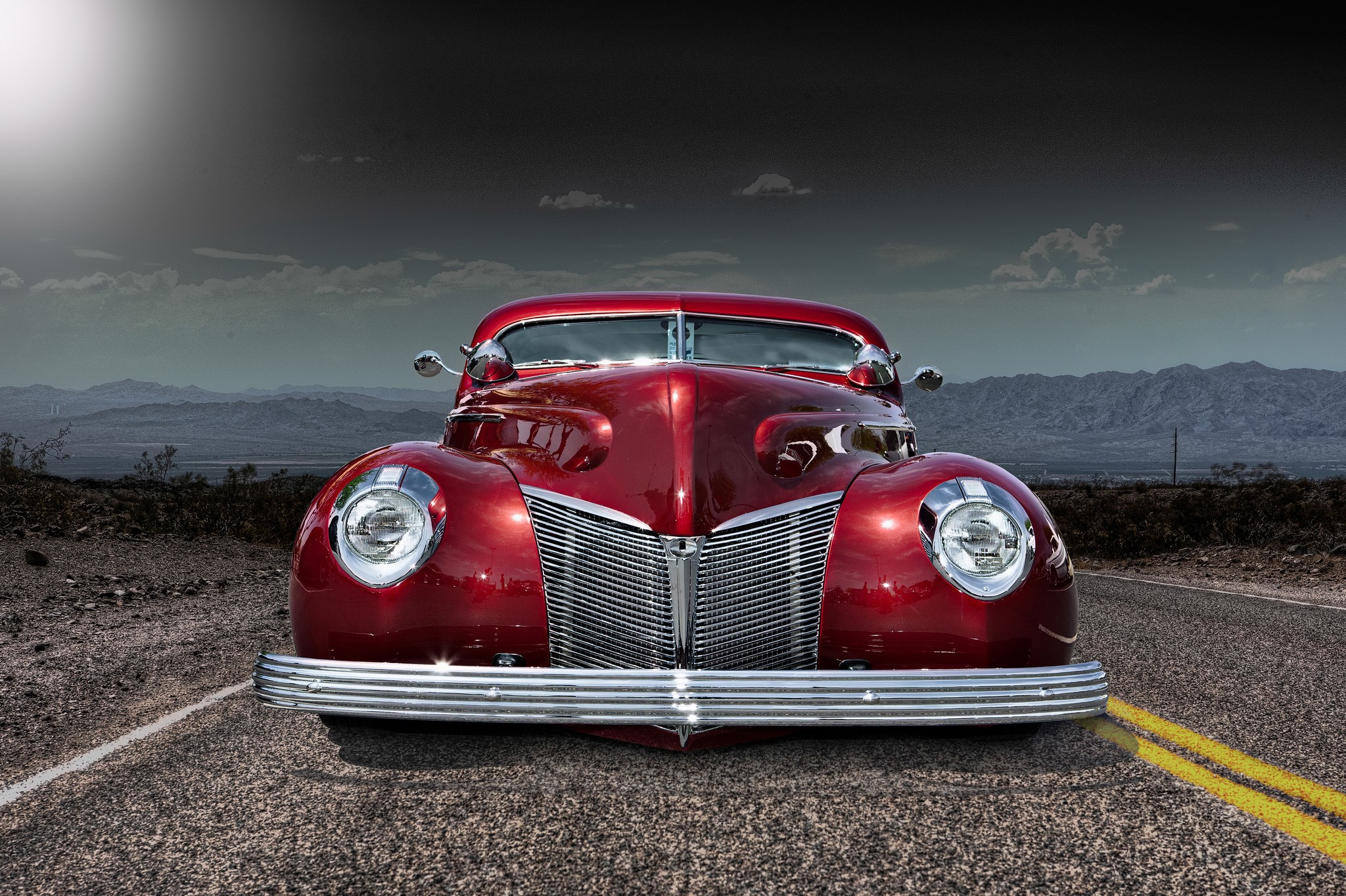 Red Ford hot rod on a desert road HD Wallpaper