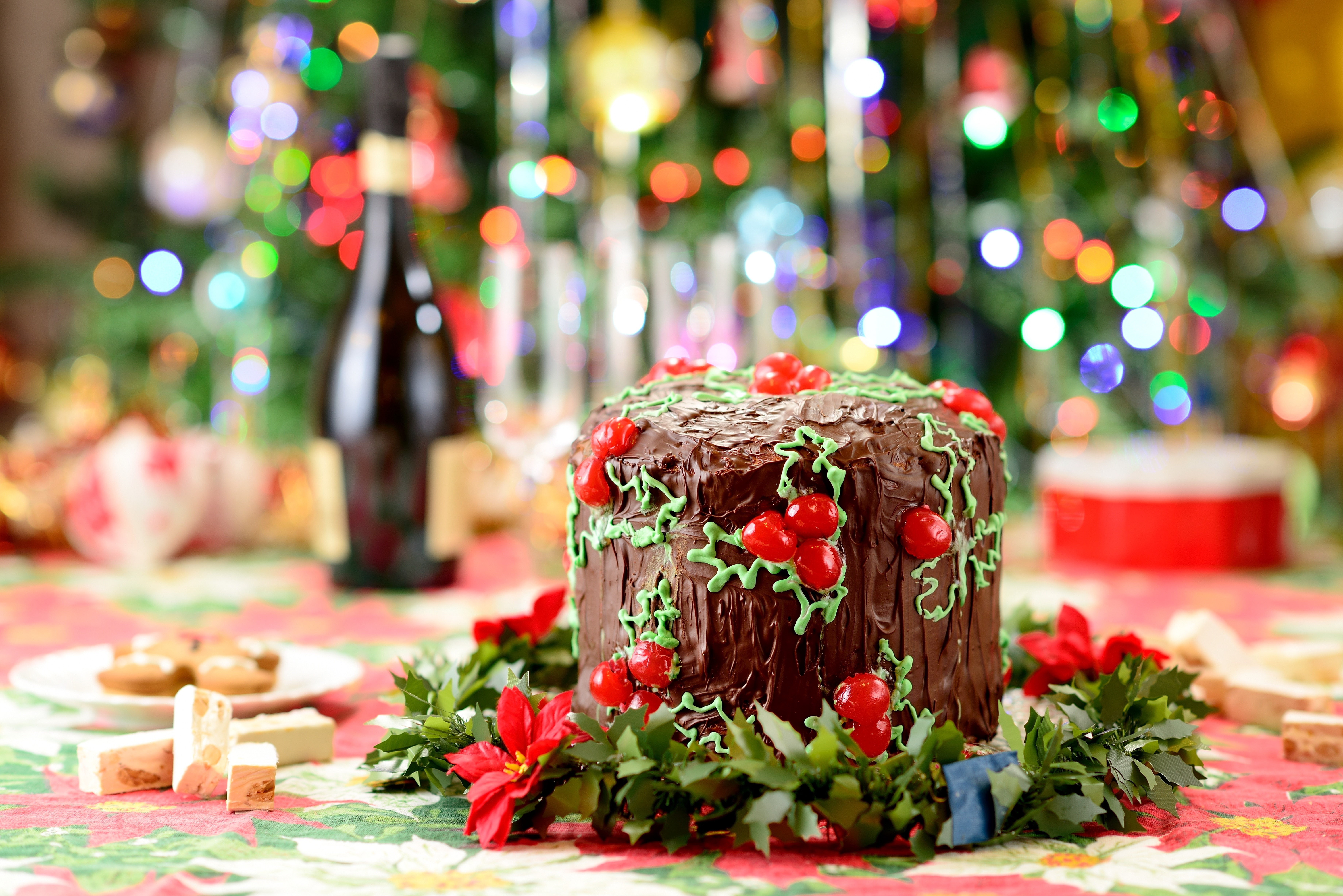 Christmas cake with cherries and festive decorations HD Wallpaper