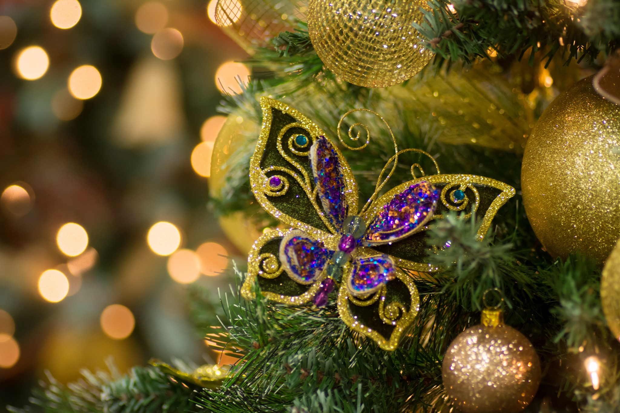 Christmas tree with butterfly and gold ornaments HD Wallpaper