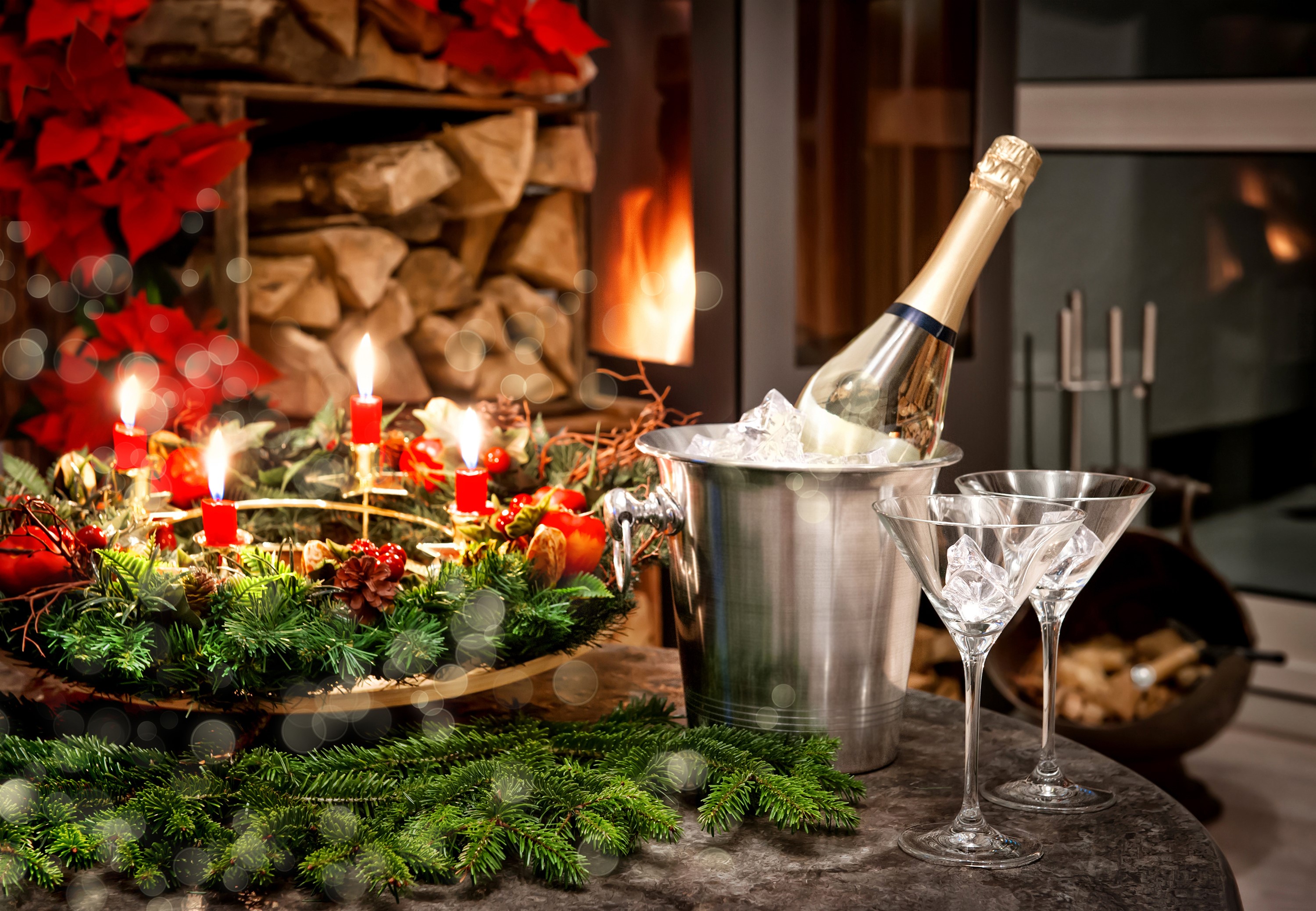 Christmas Wreath with Candles, Champagne, and Glasses by Fireplace HD Wallpaper