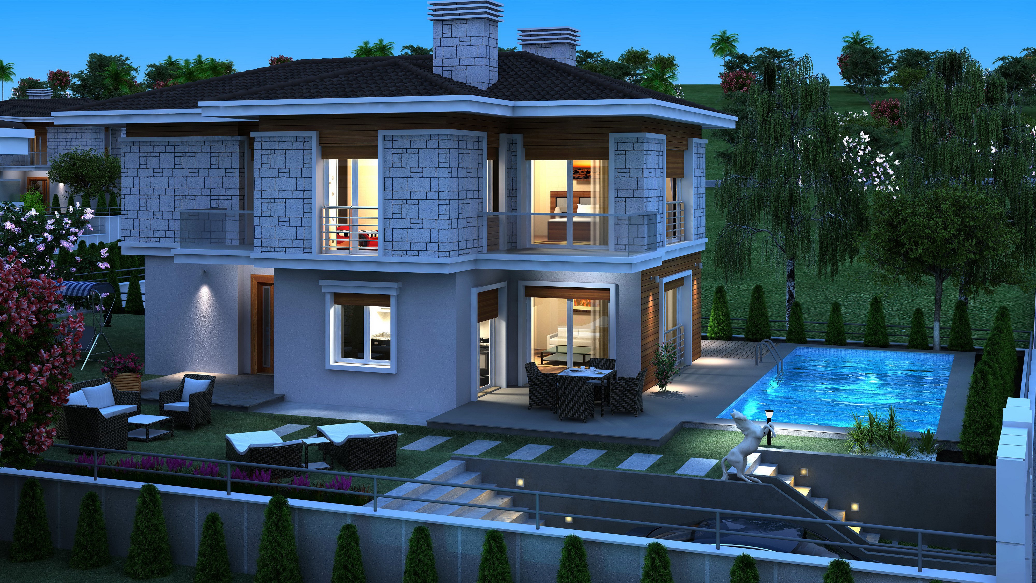 Modern Houses with Pool at Night HD Wallpaper