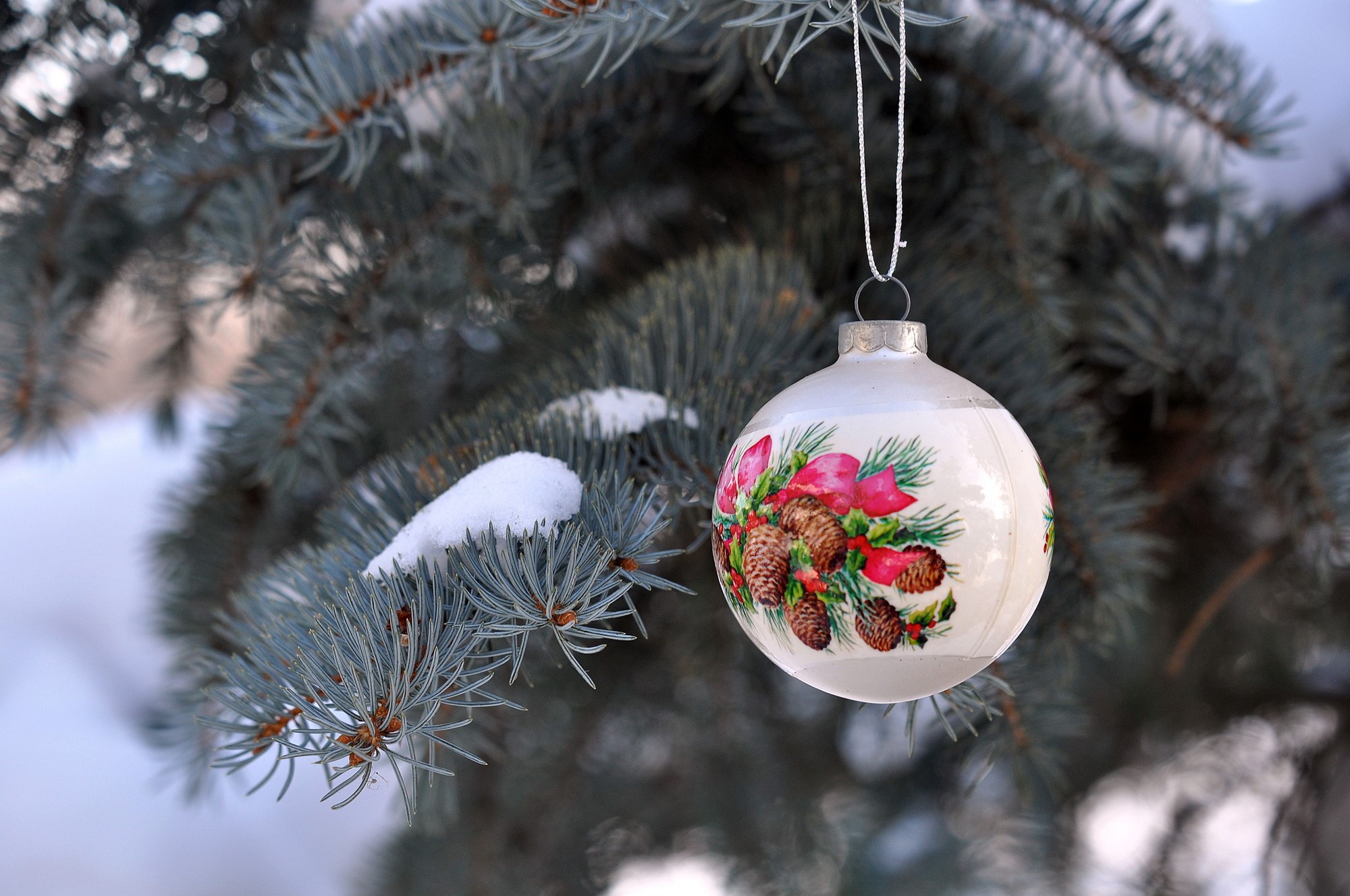 Christmas ornament on a snowy pine branch HD Wallpaper