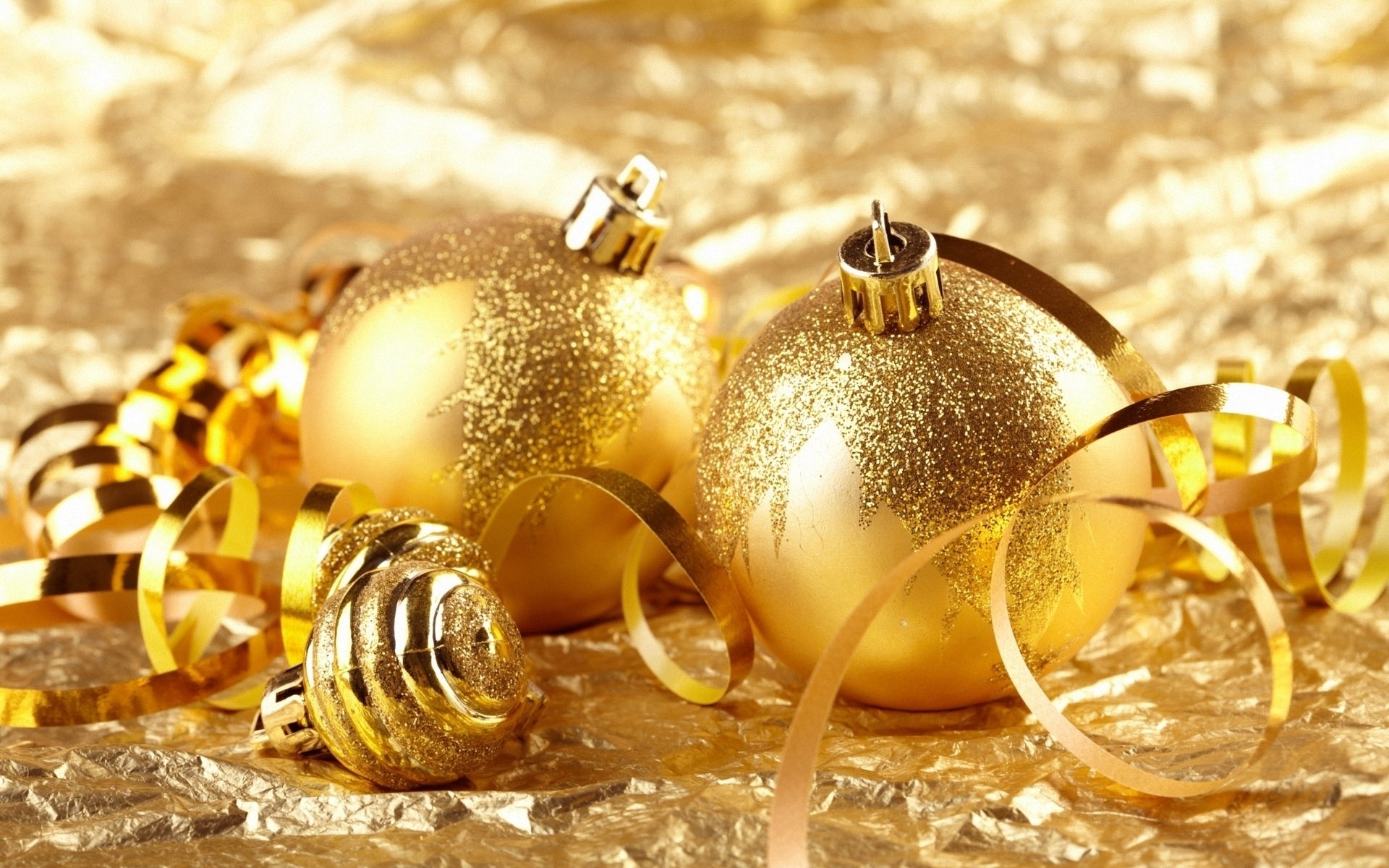 Golden Christmas Ornaments with Ribbons HD Wallpaper