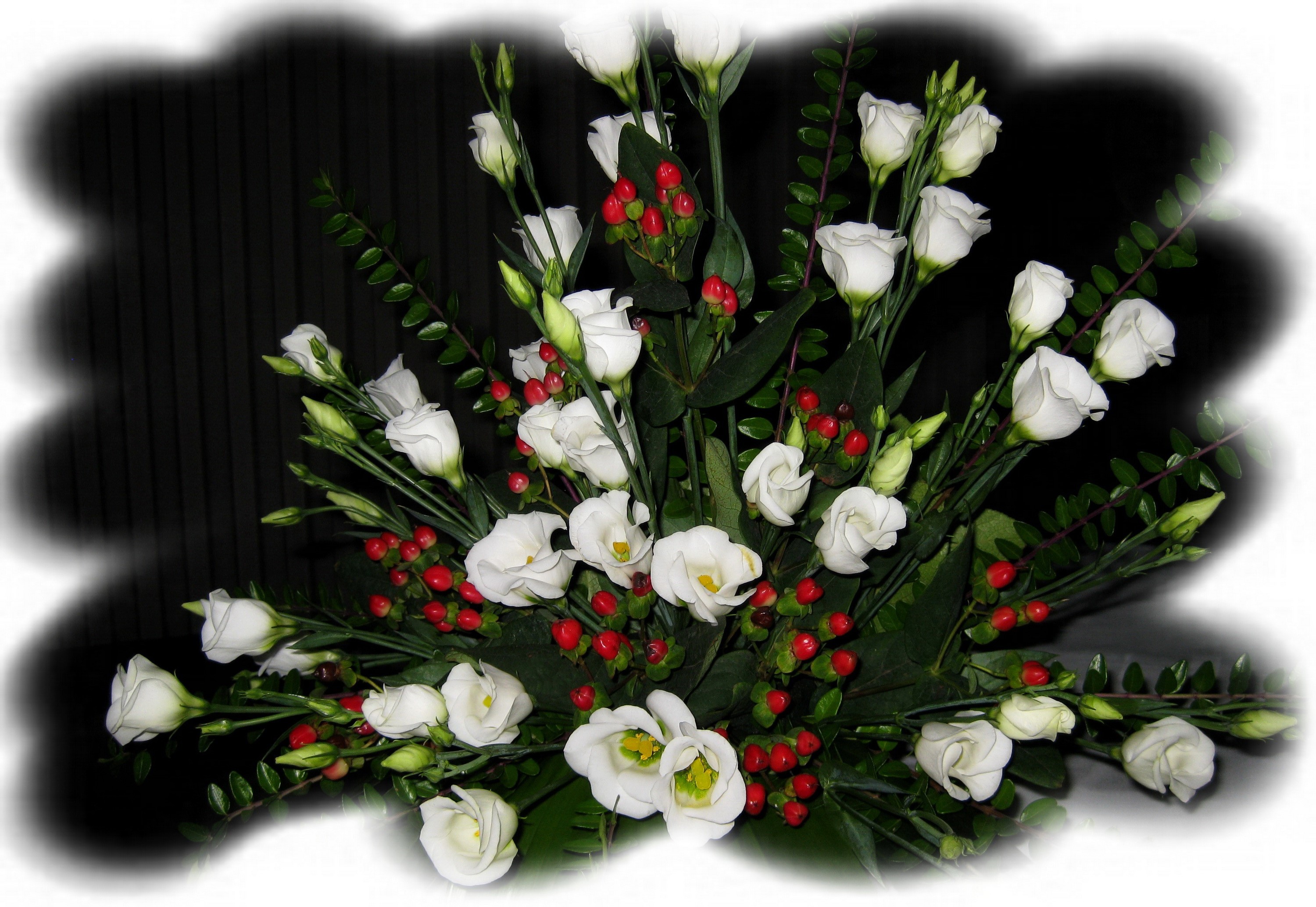 White Eustoma Flowers with Red Berries HD Wallpaper