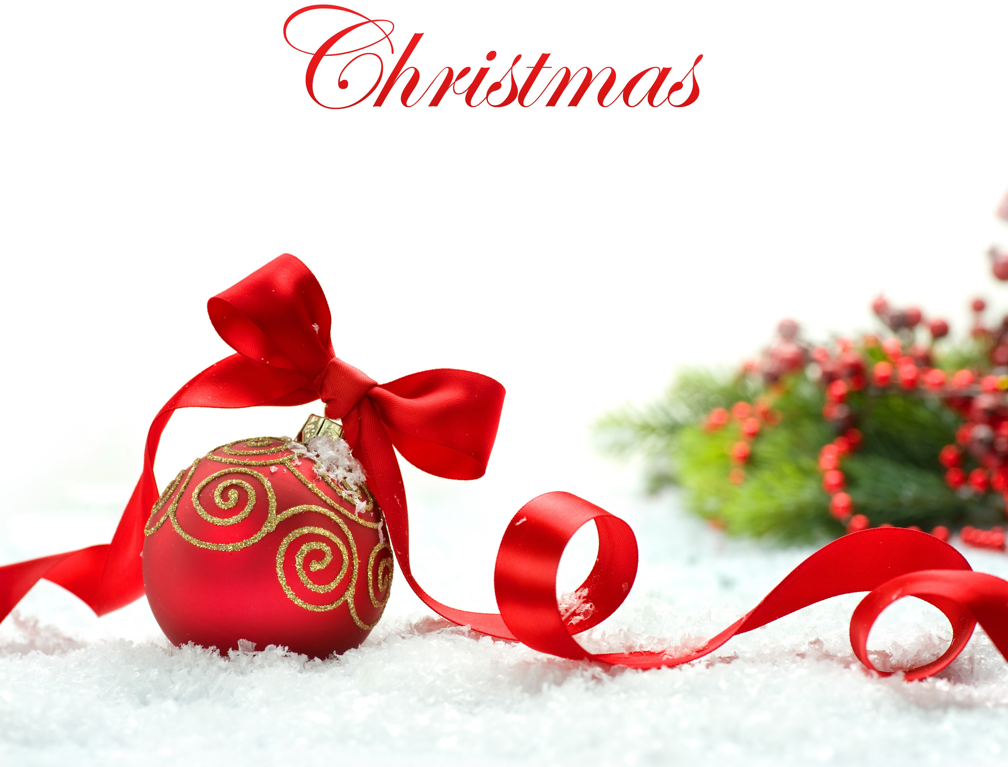 Christmas ornament with red ribbon and holly berries HD Wallpaper