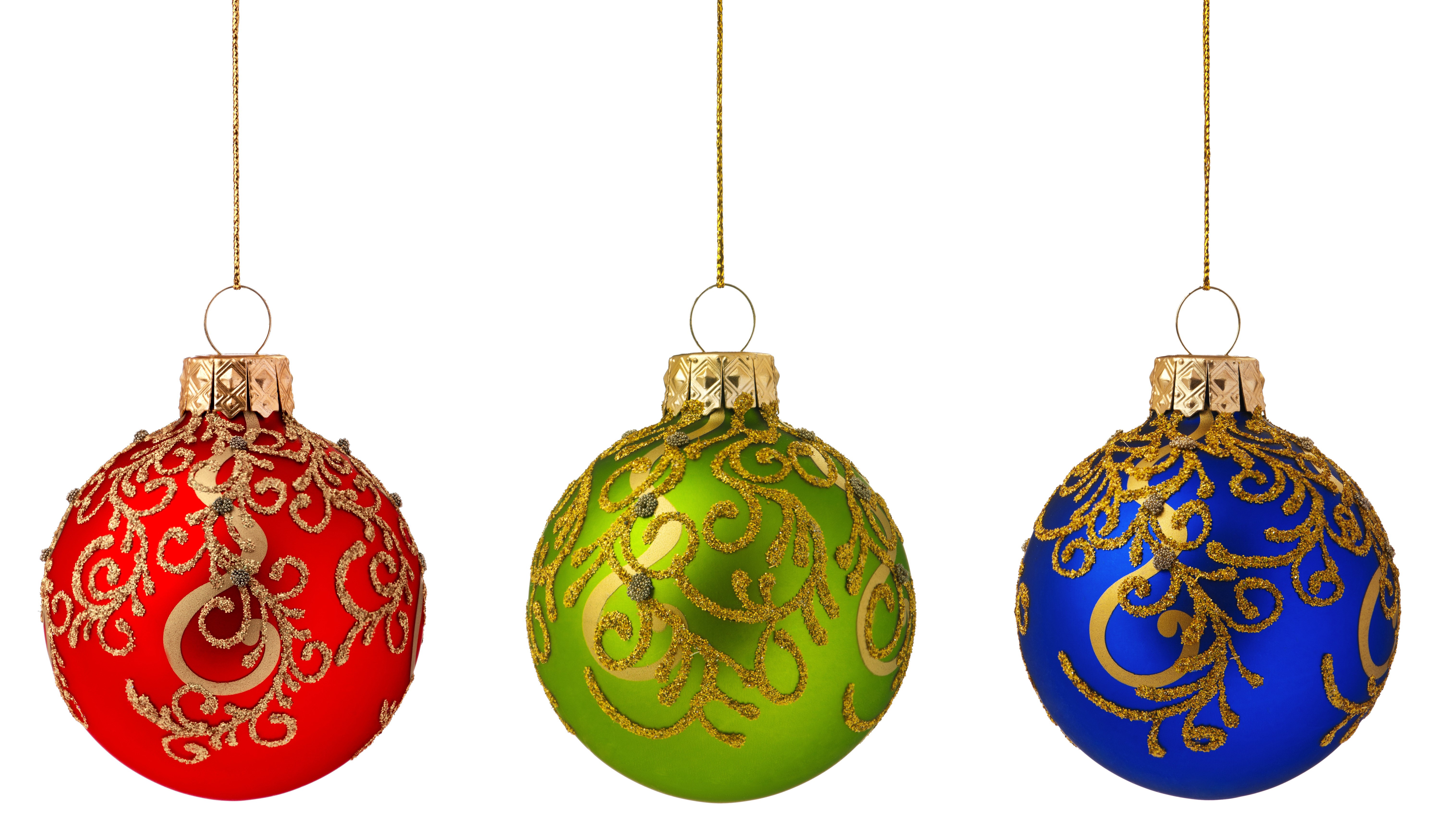 Three Christmas Ornaments: Red, Green, and Blue HD Wallpaper