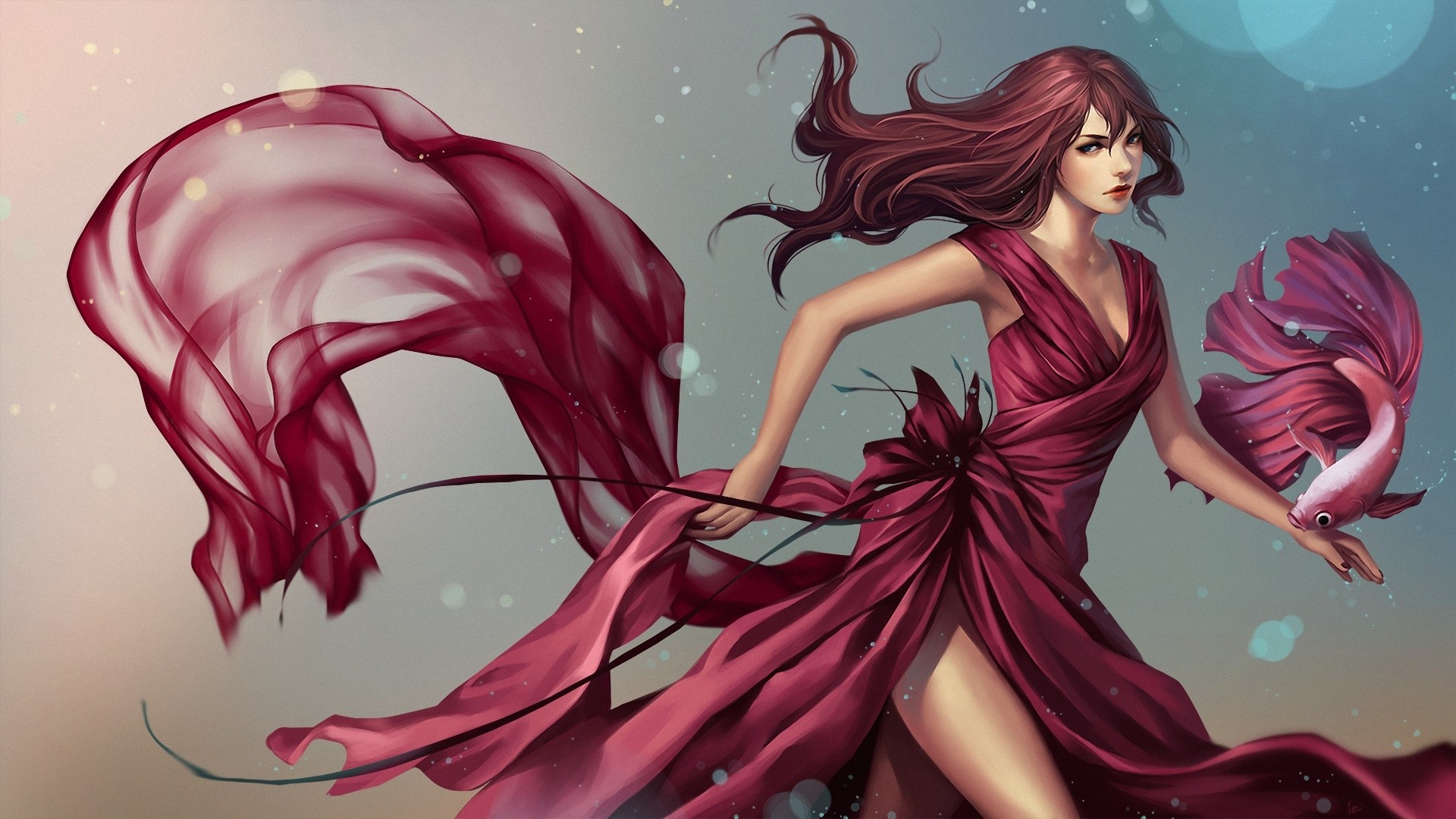 Woman in a red dress holding a fish HD Wallpaper