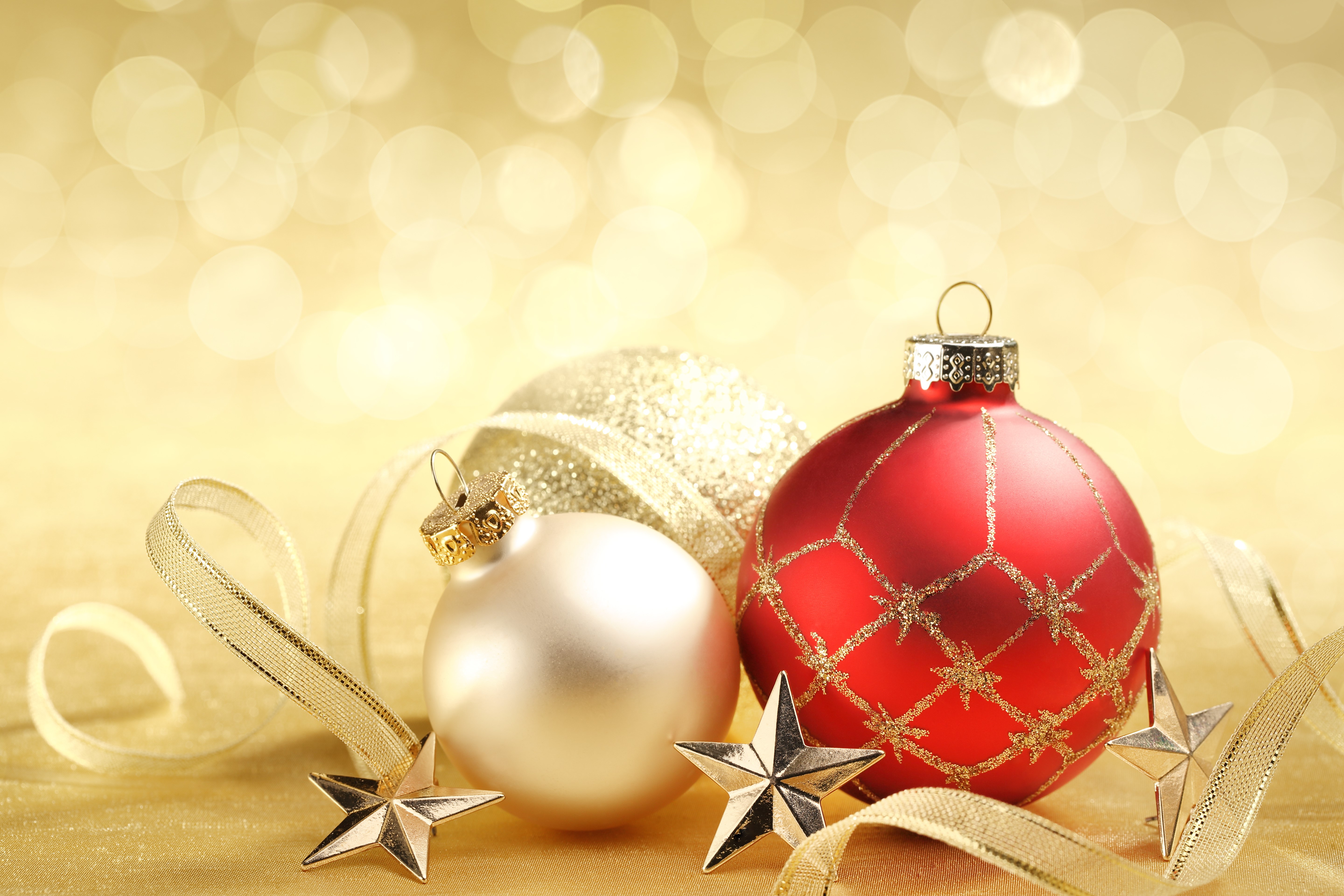 Christmas Ornaments with Ribbon and Stars HD Wallpaper