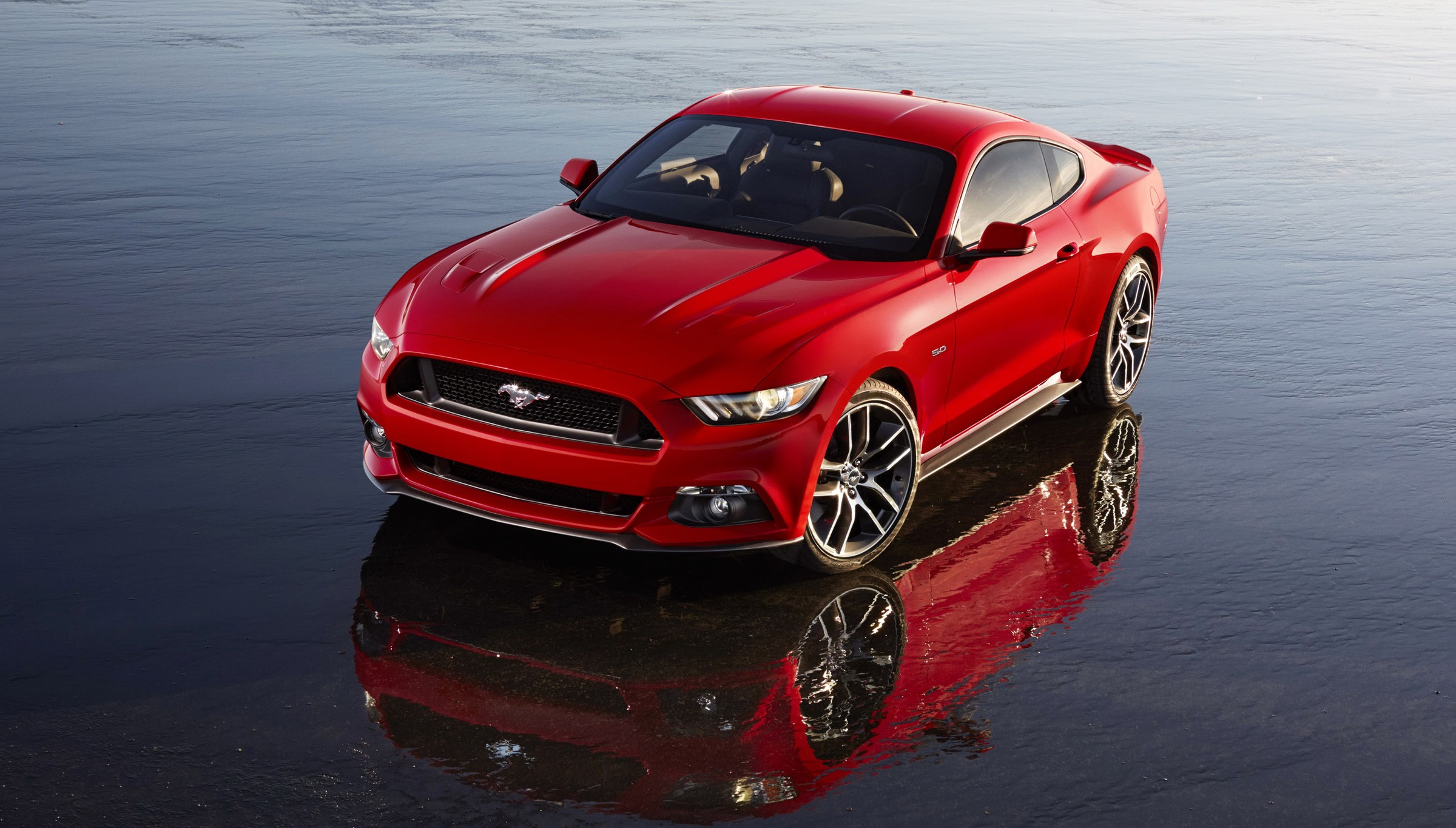 Red 2015 Ford Mustang Coupe on Wet Surface HD Wallpaper