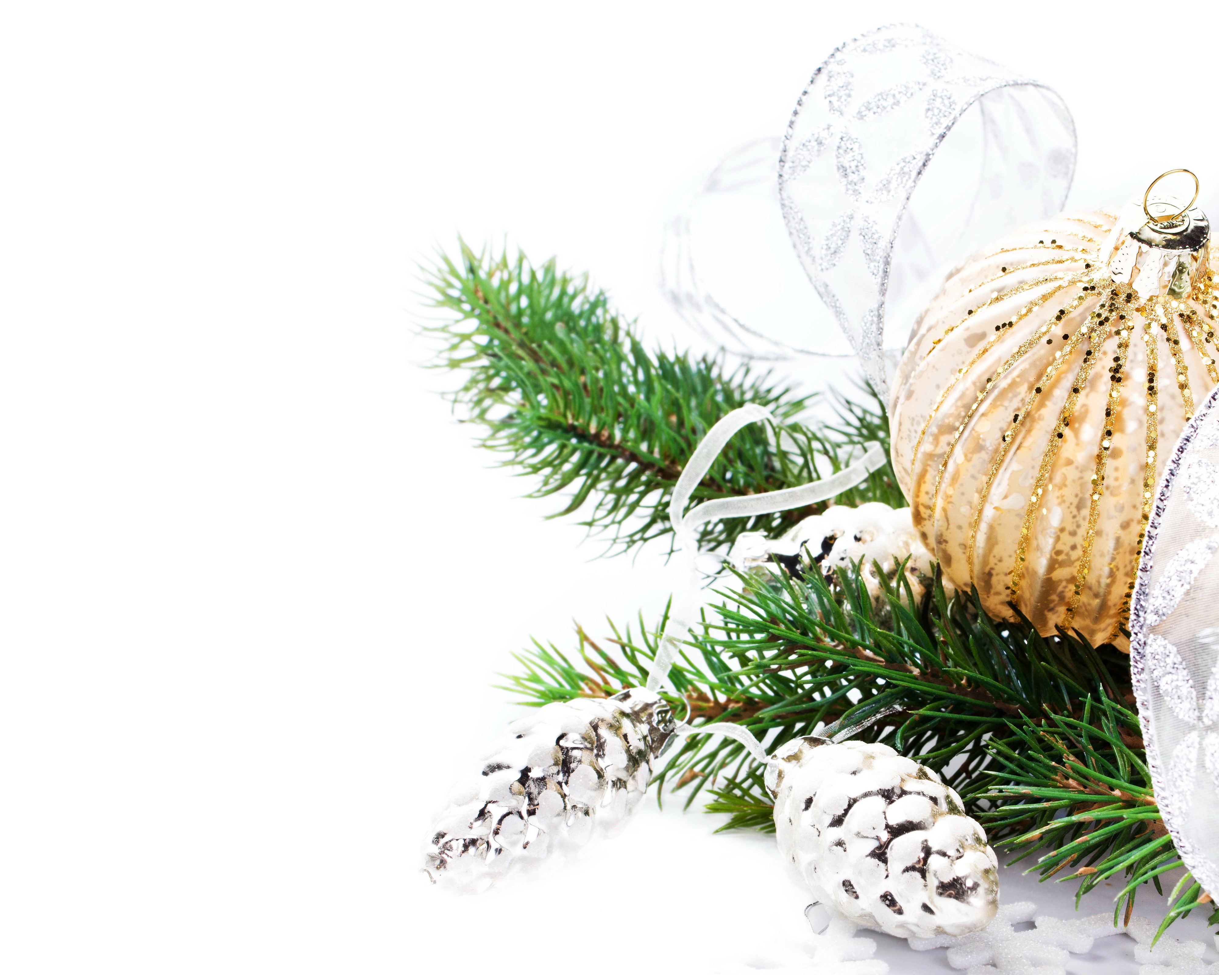 Christmas Pine Branch with Ornaments and Ribbon HD Wallpaper