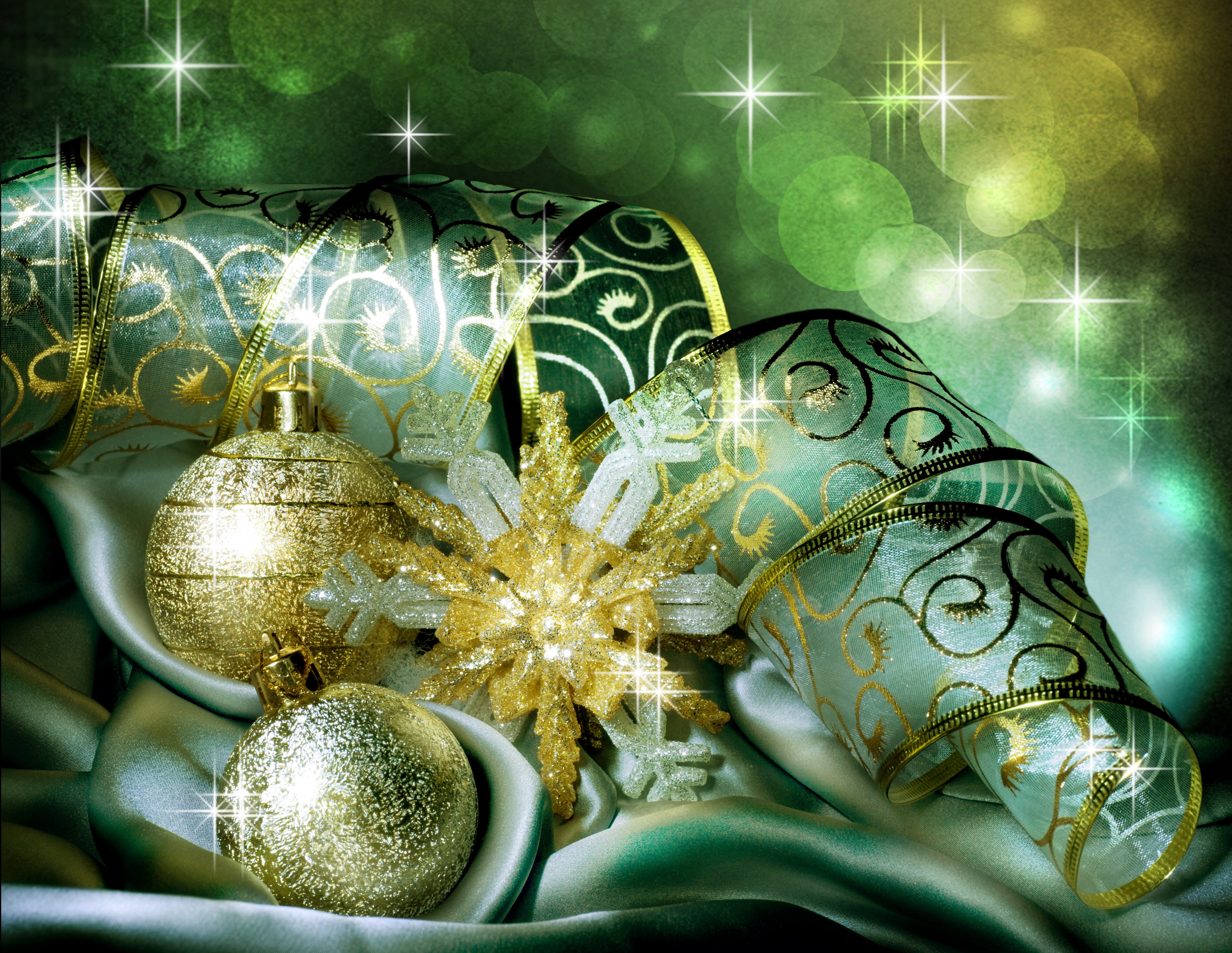 Christmas Ornaments and Ribbon with Sparkles HD Wallpaper