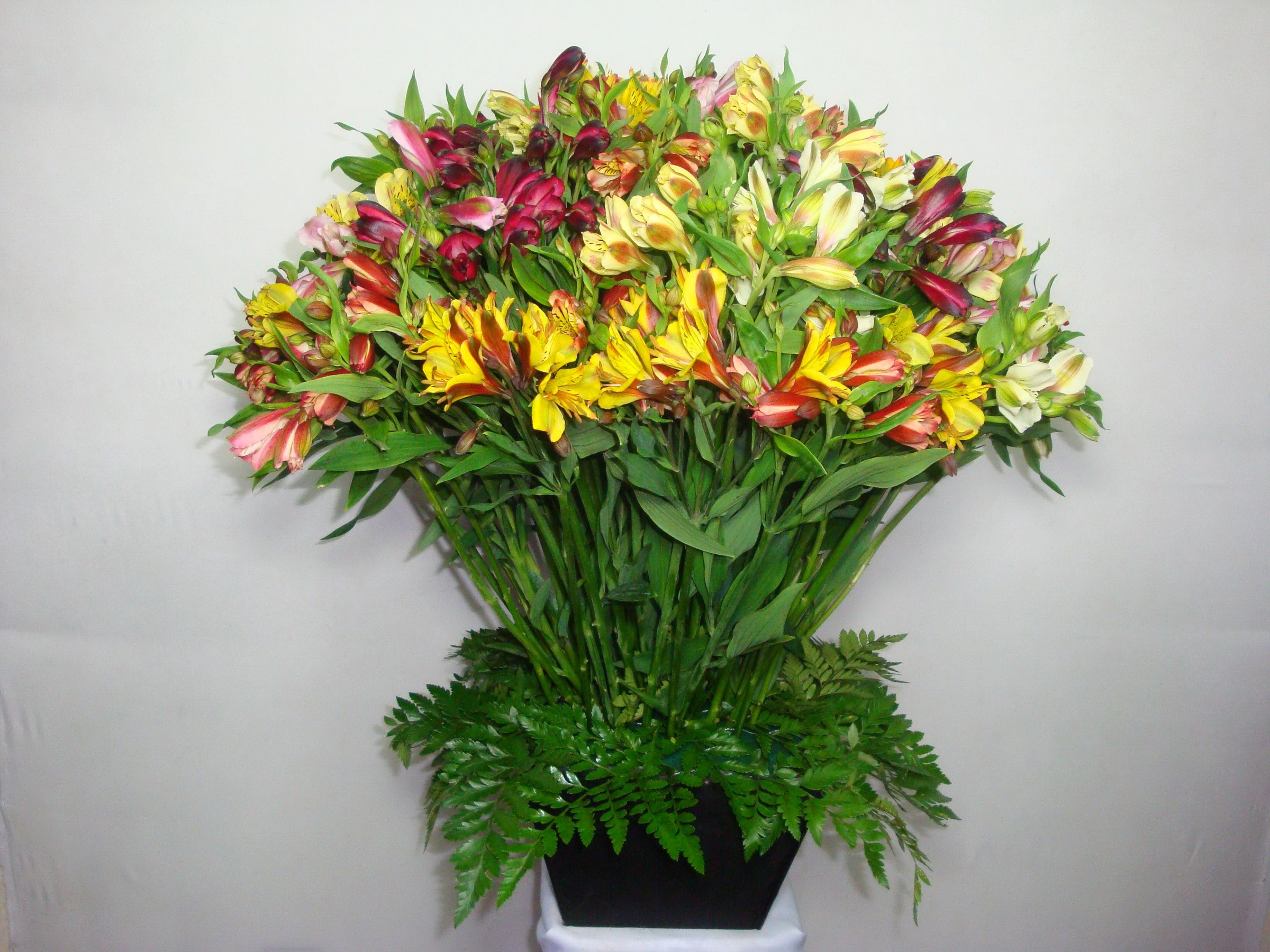 Bouquet of Alstroemeria flowers in a black vase HD Wallpaper