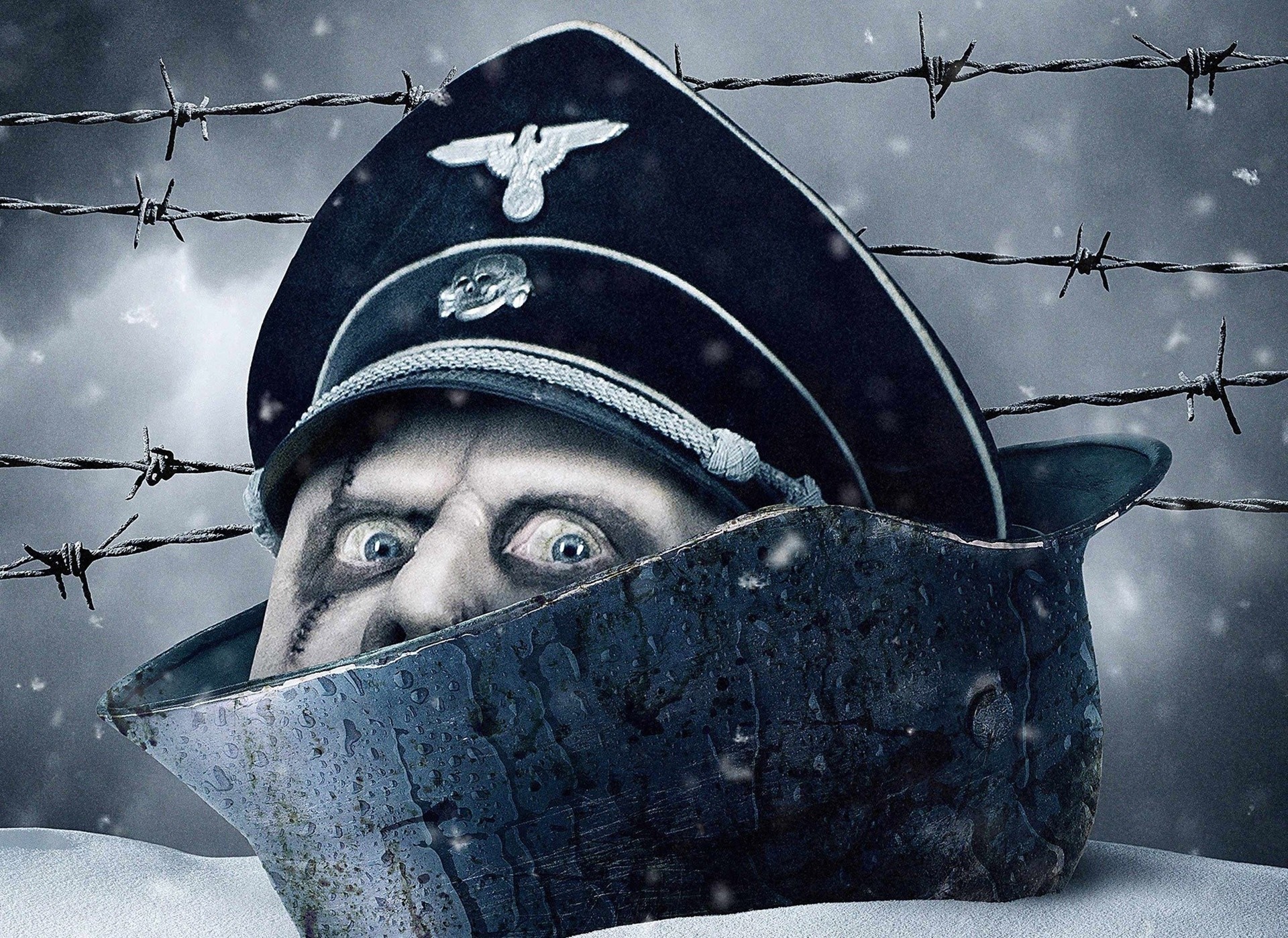 Zombie in Nazi uniform behind barbed wire HD Wallpaper