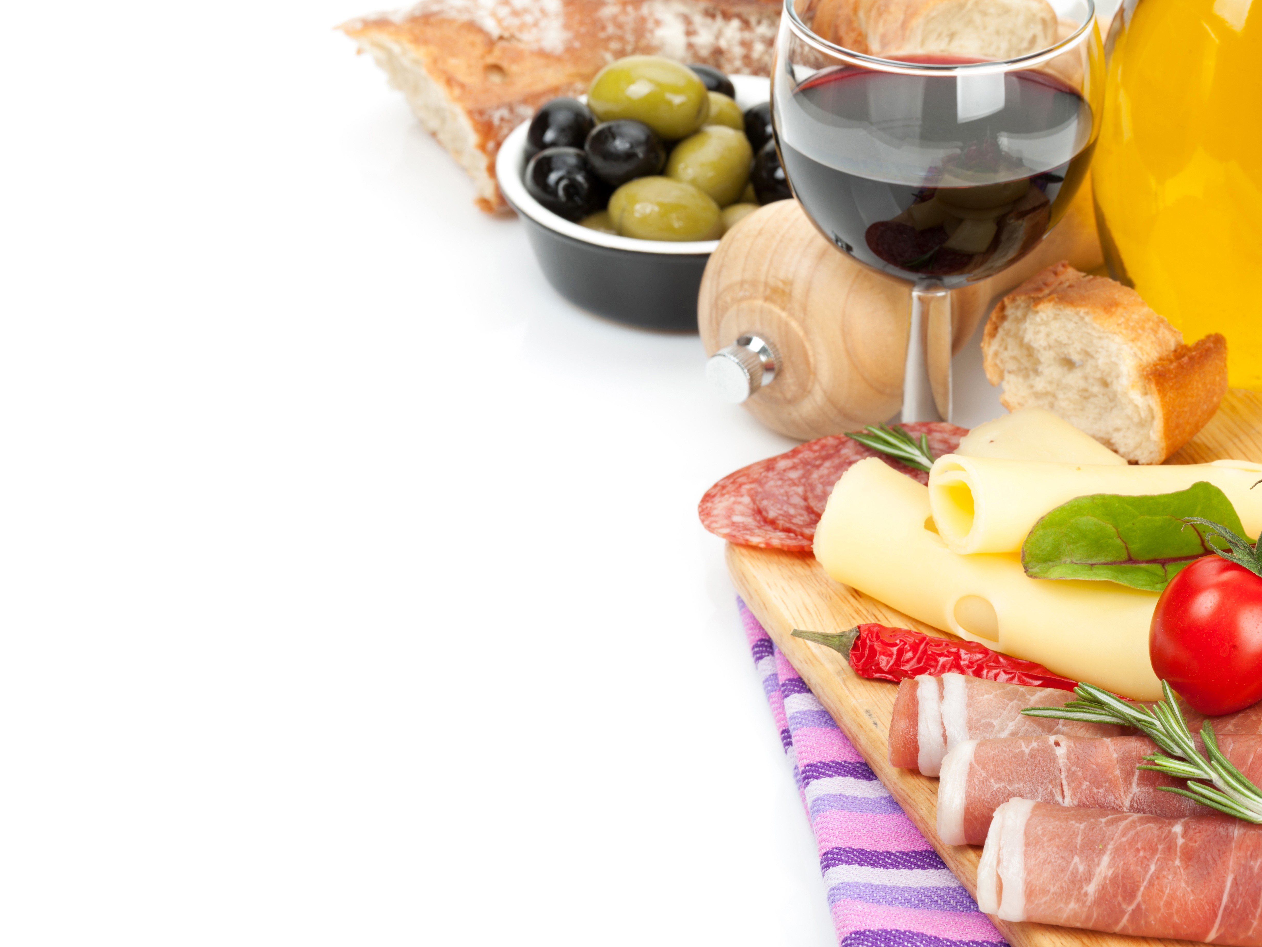 Still-life with wine, ham, cheese, and olives HD Wallpaper