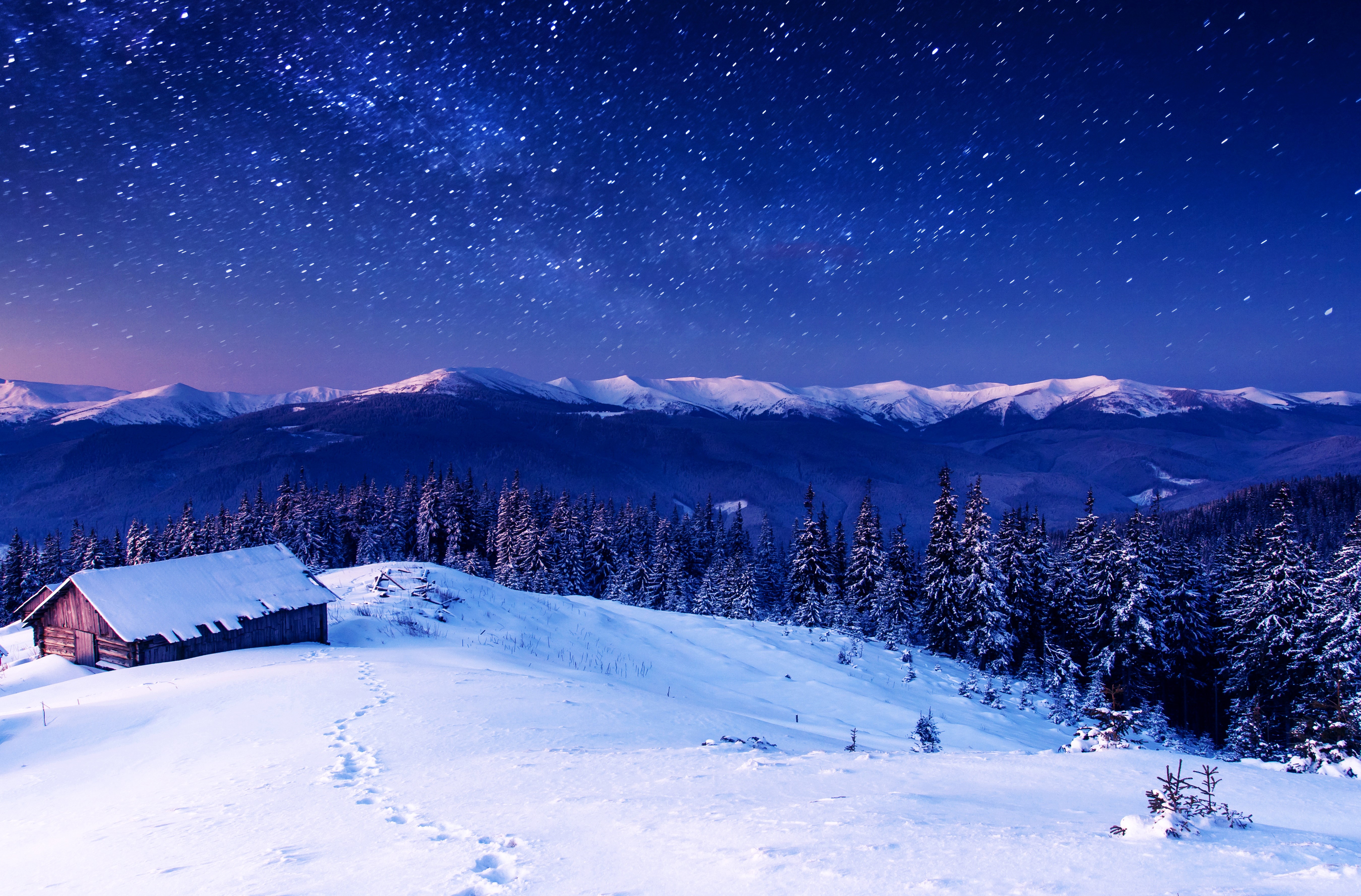 Winter mountains and starry night sky HD Wallpaper