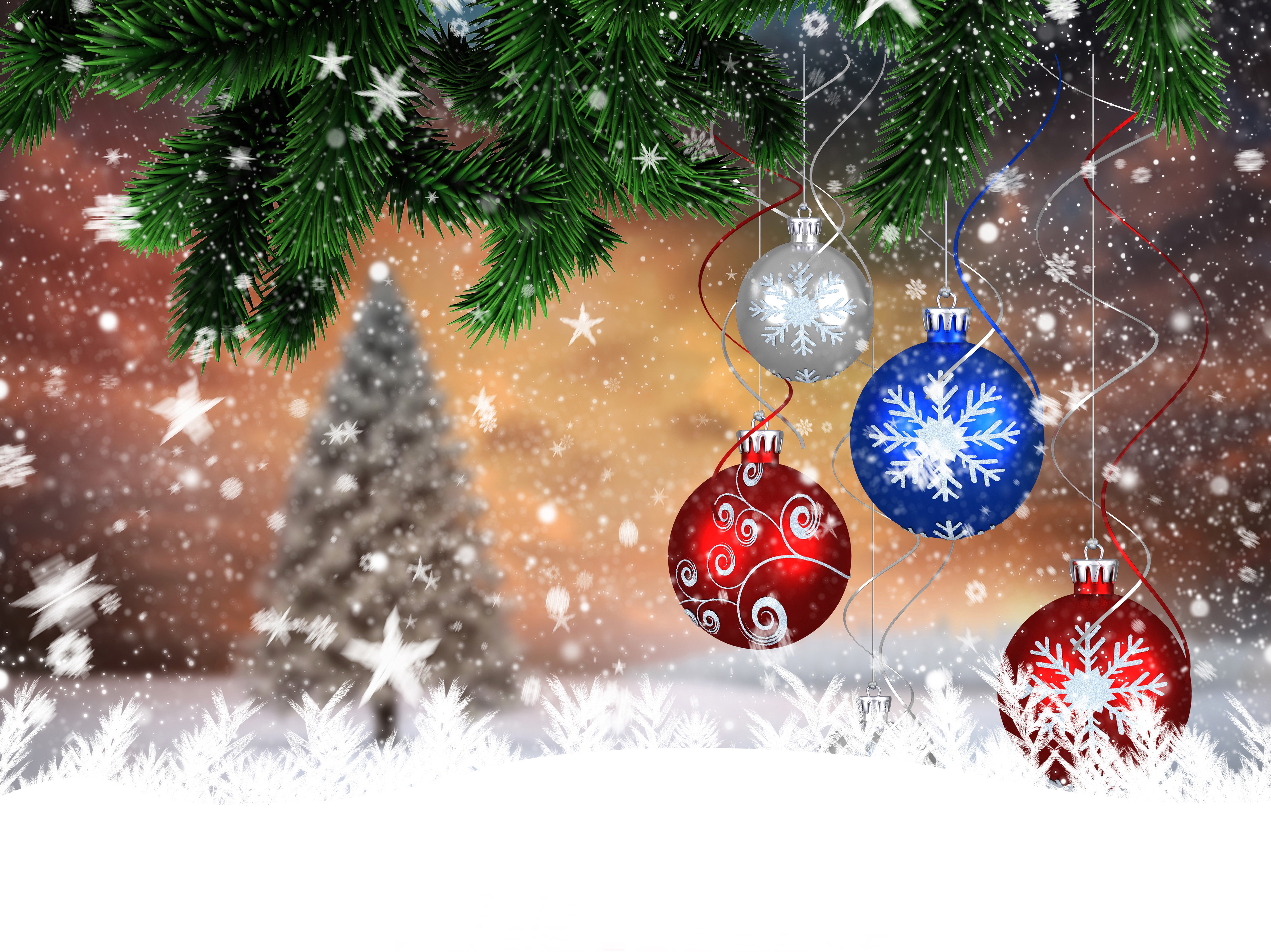 Christmas tree branches with ornaments and snow HD Wallpaper
