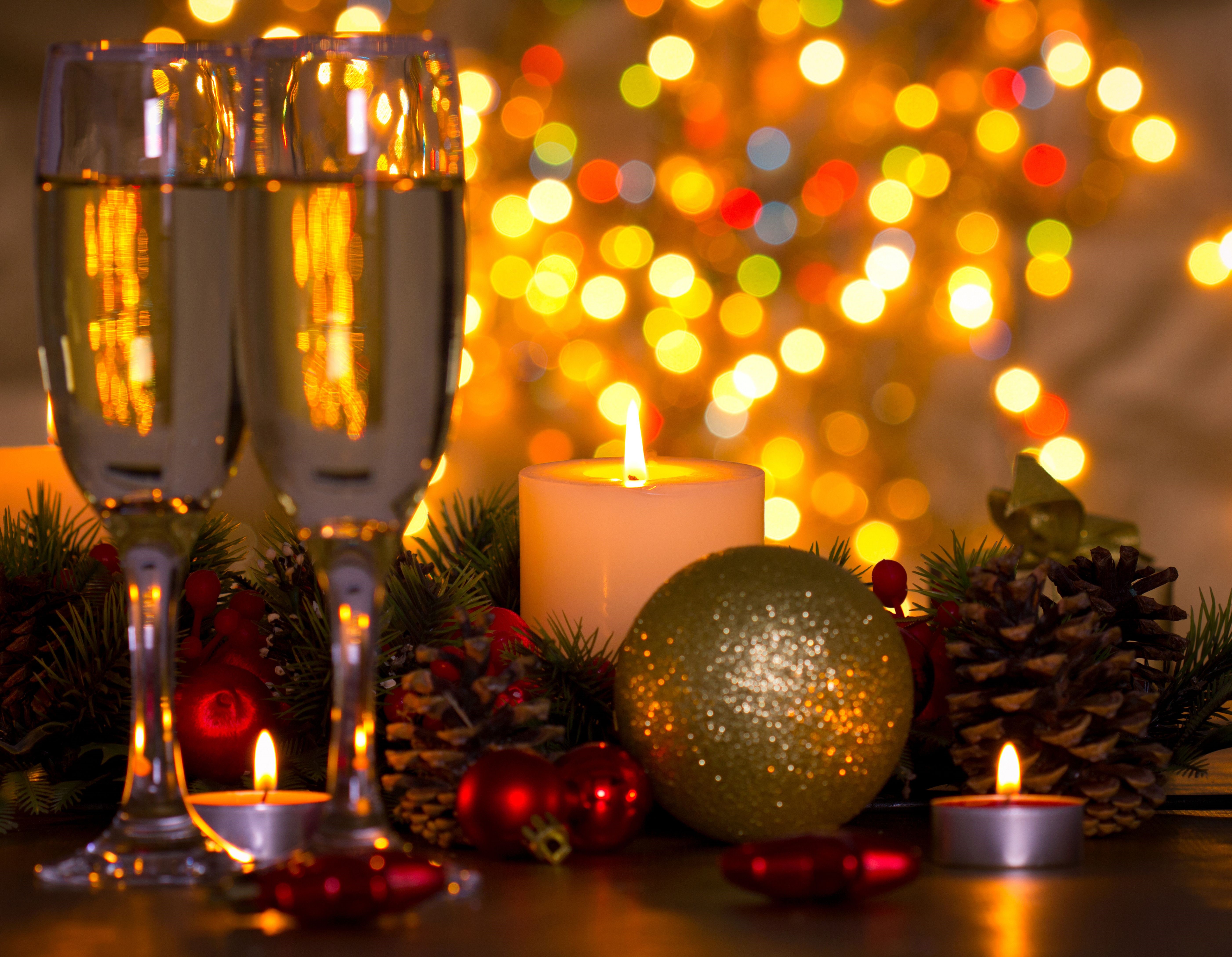 Christmas Celebration with Champagne and Candles HD Wallpaper