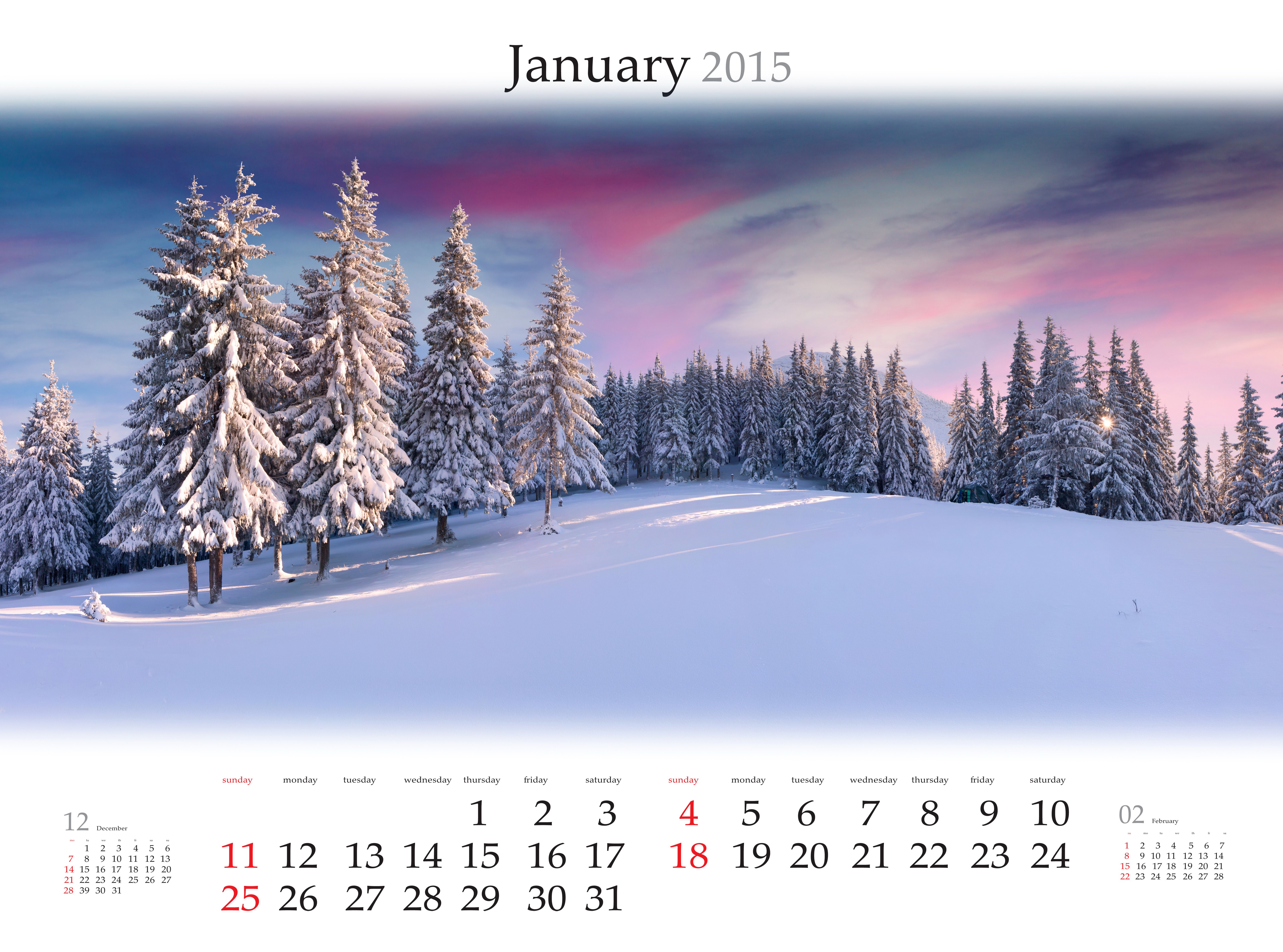 January 2015 Calendar Winter Landscape HD Wallpaper