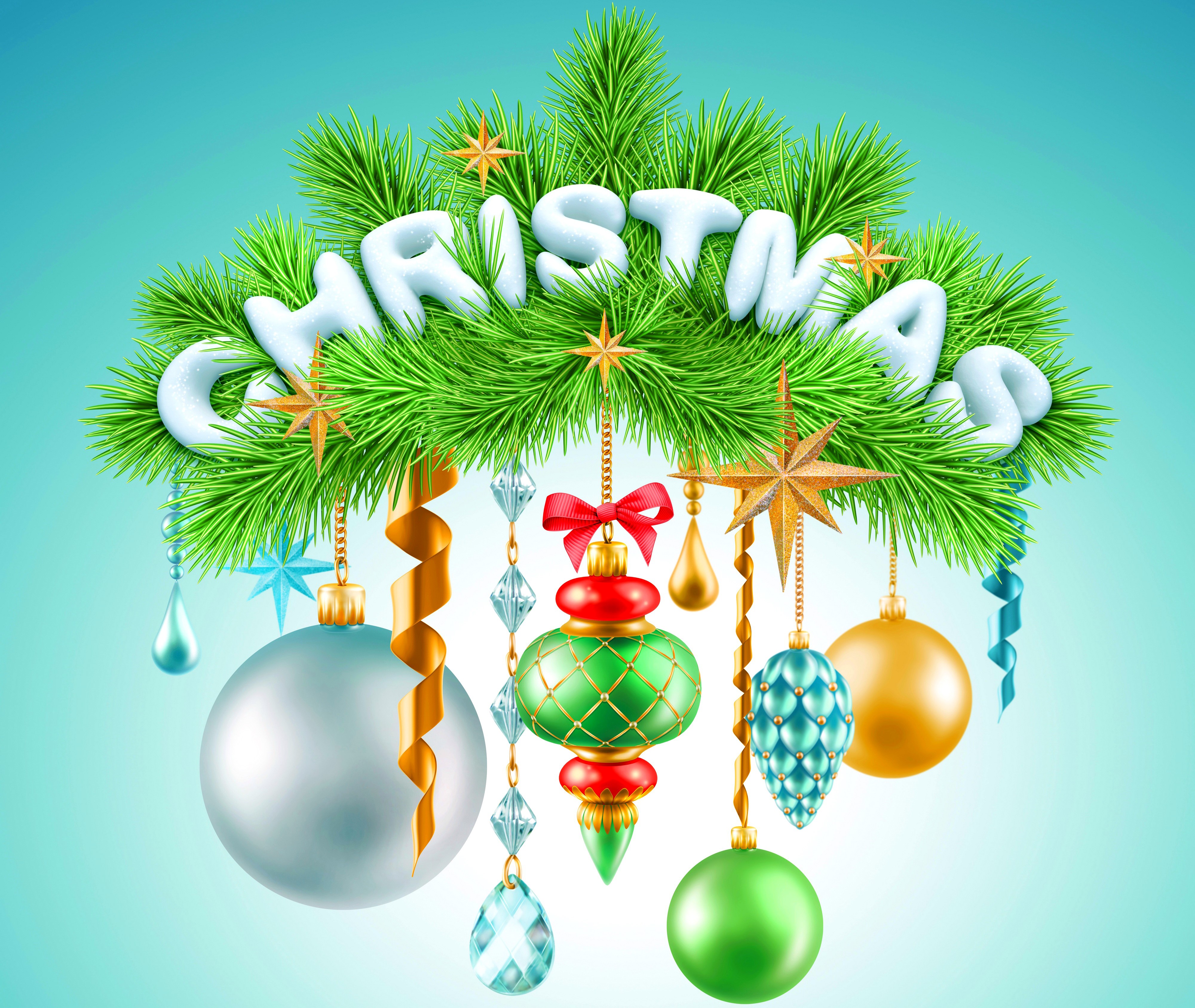 Christmas Fir Branches with Ornaments and Text HD Wallpaper