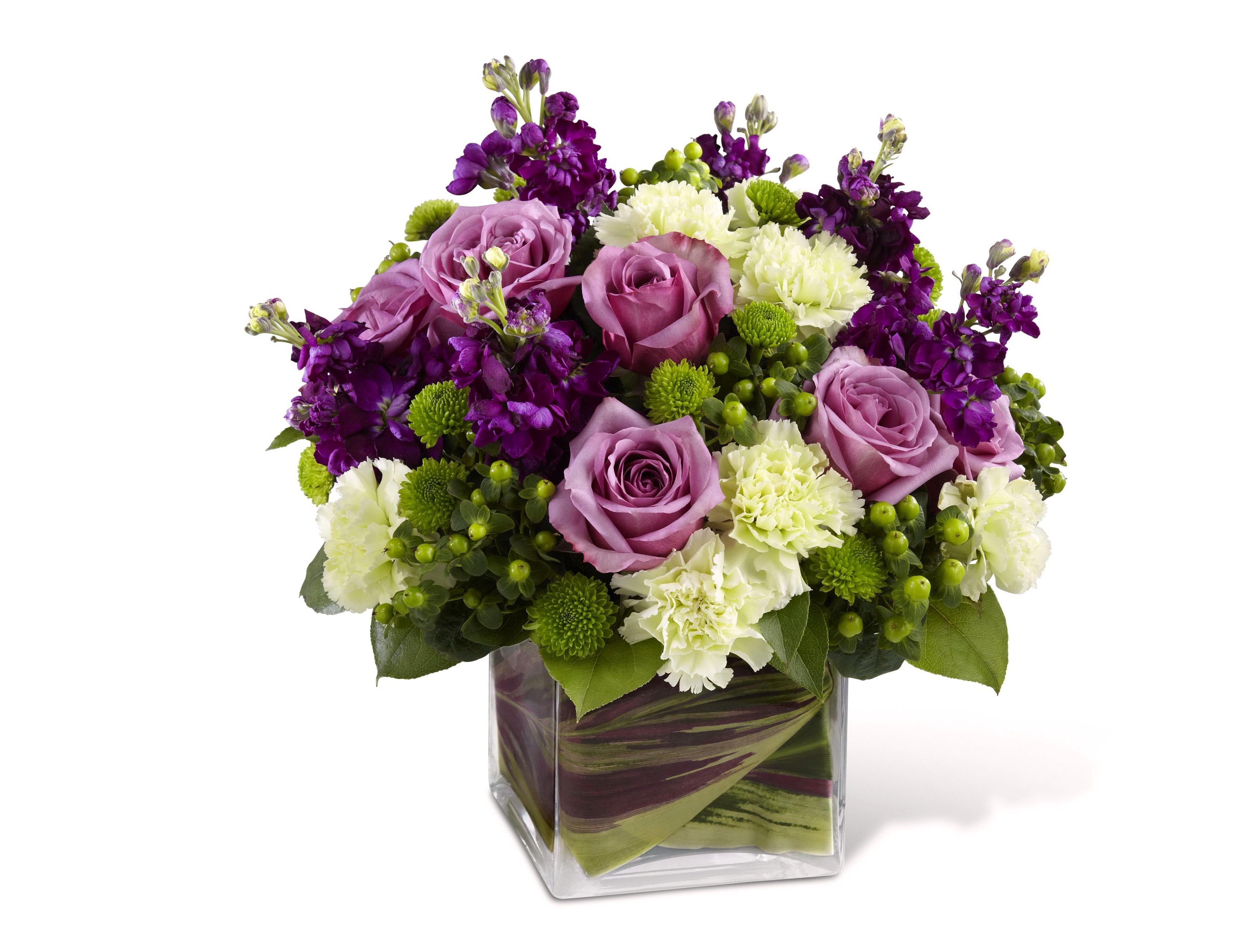 Purple Roses and Carnations in a Glass Vase HD Wallpaper
