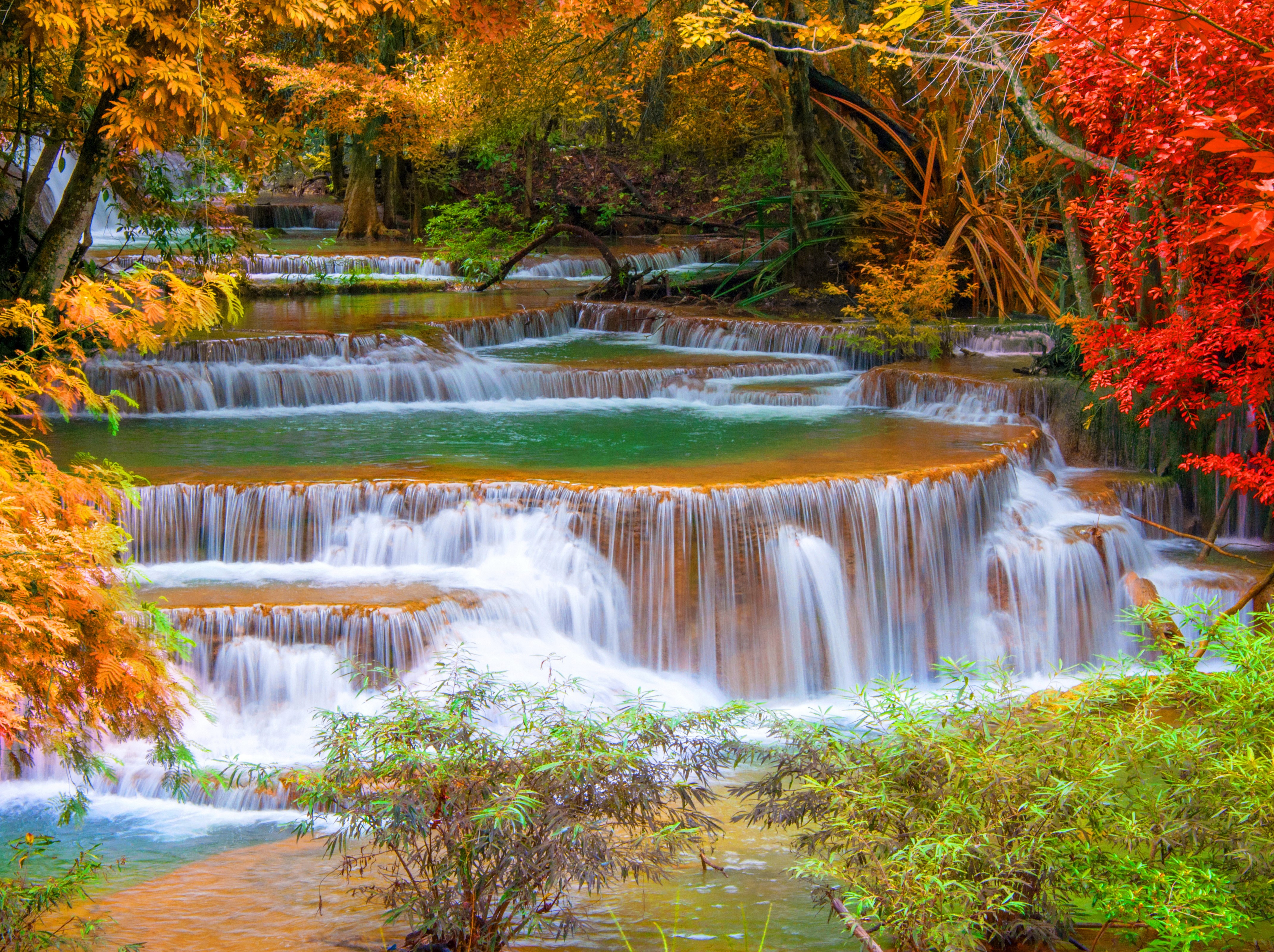 Tiered Waterfalls in Autumn Forest, Thailand HD Wallpaper