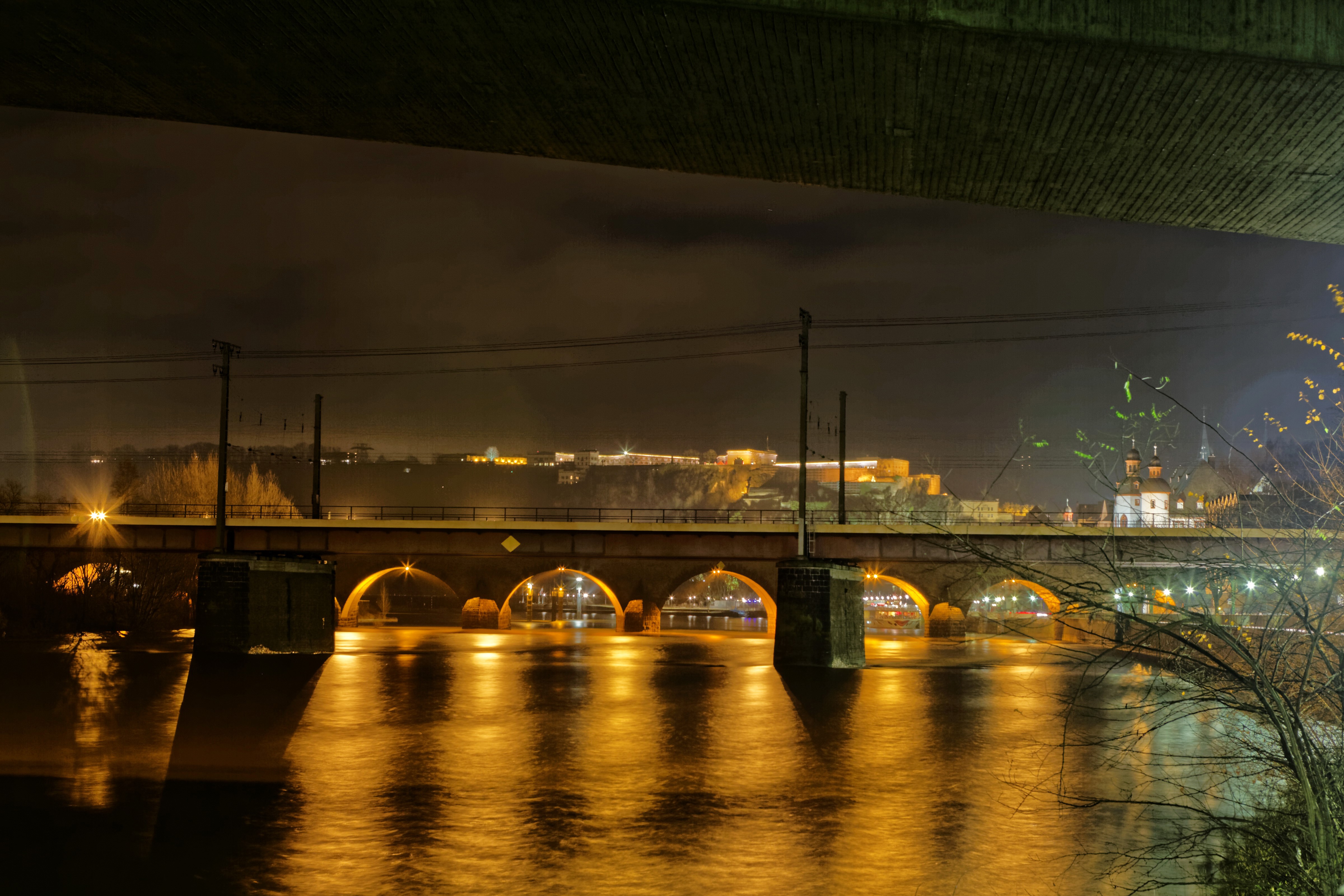 Bridges over river at night in Koblenz, Germany HD Wallpaper