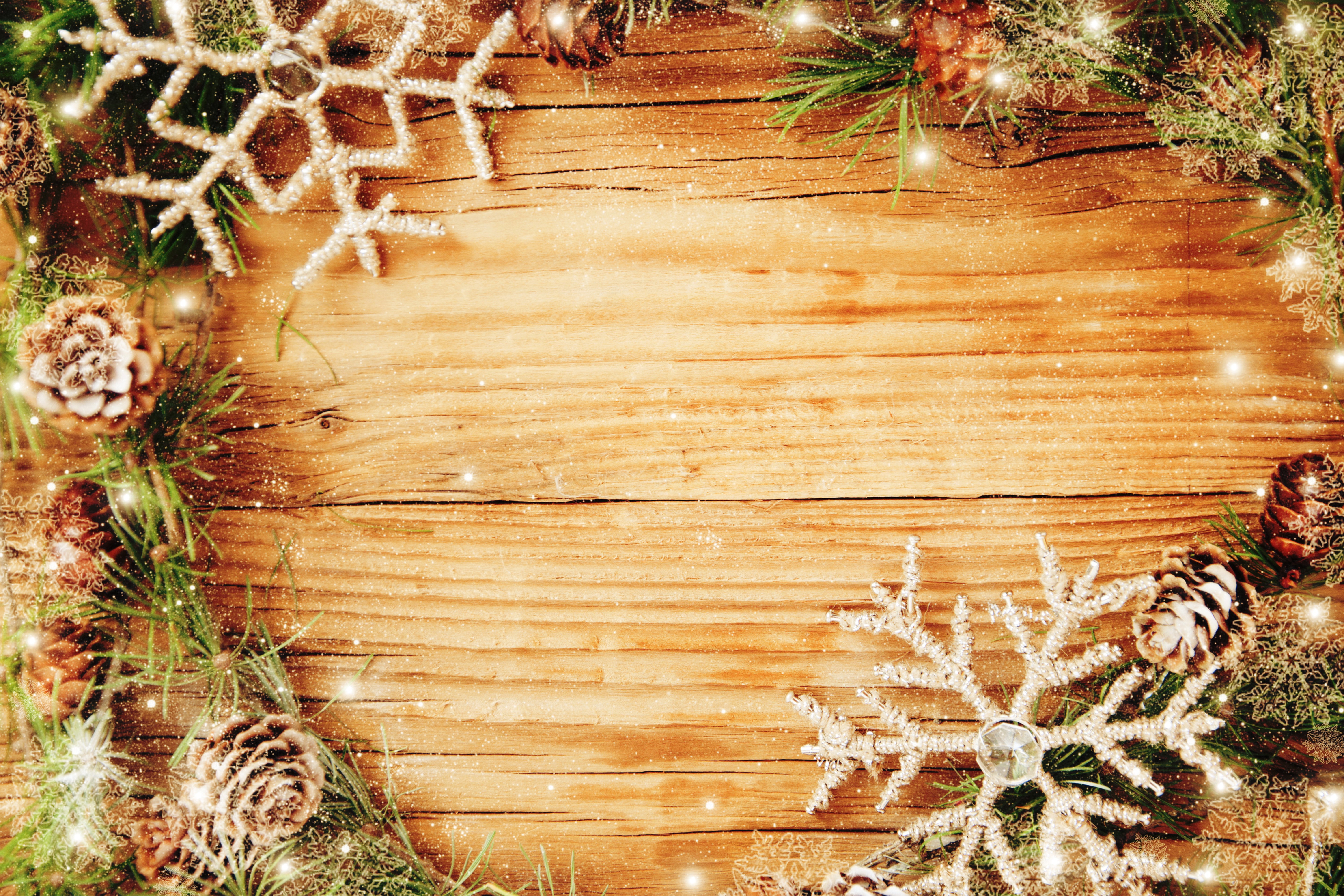 Christmas Pine Cones and Snowflakes on Wood HD Wallpaper