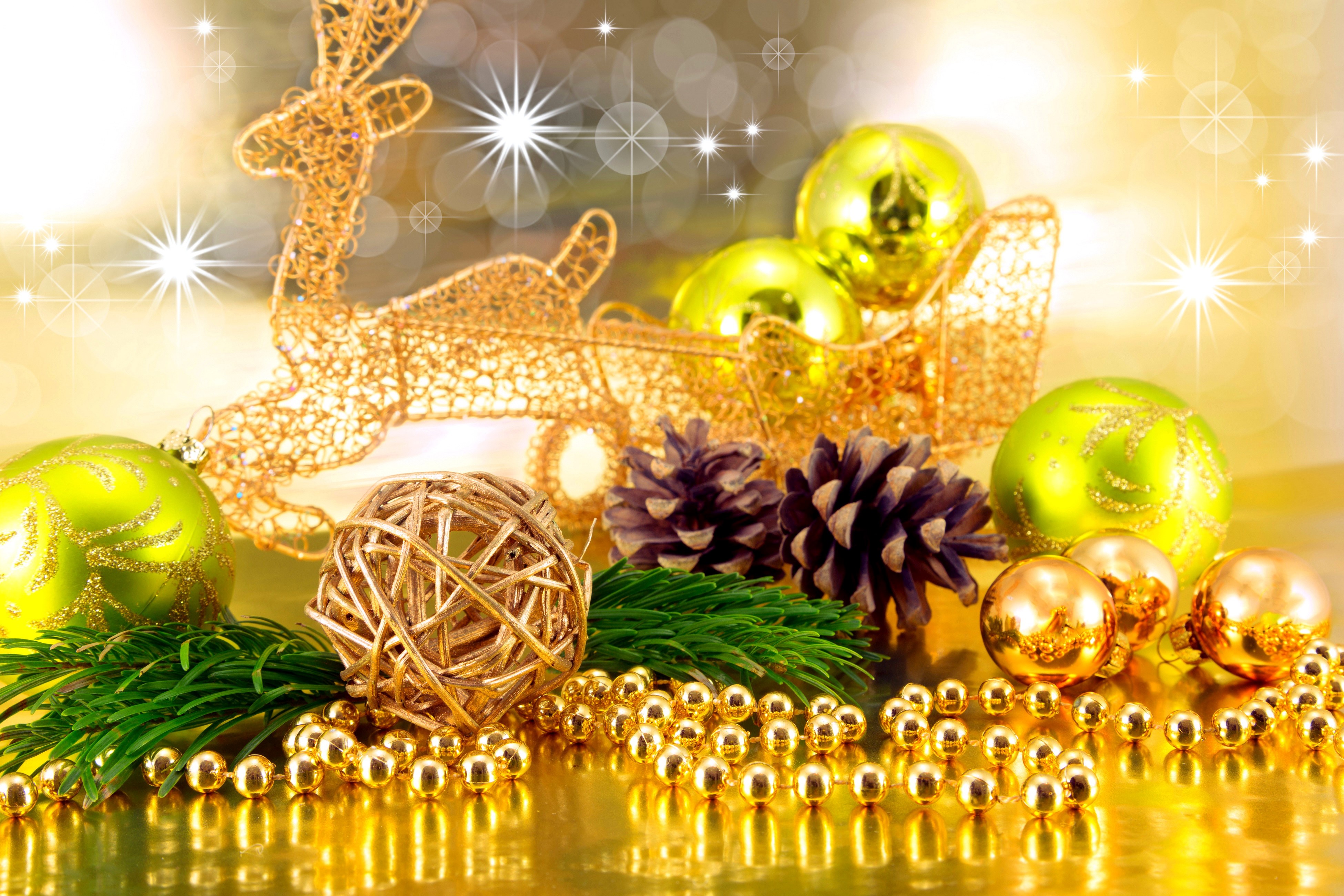Christmas Decorations with Reindeer Sleigh and Ornaments HD Wallpaper