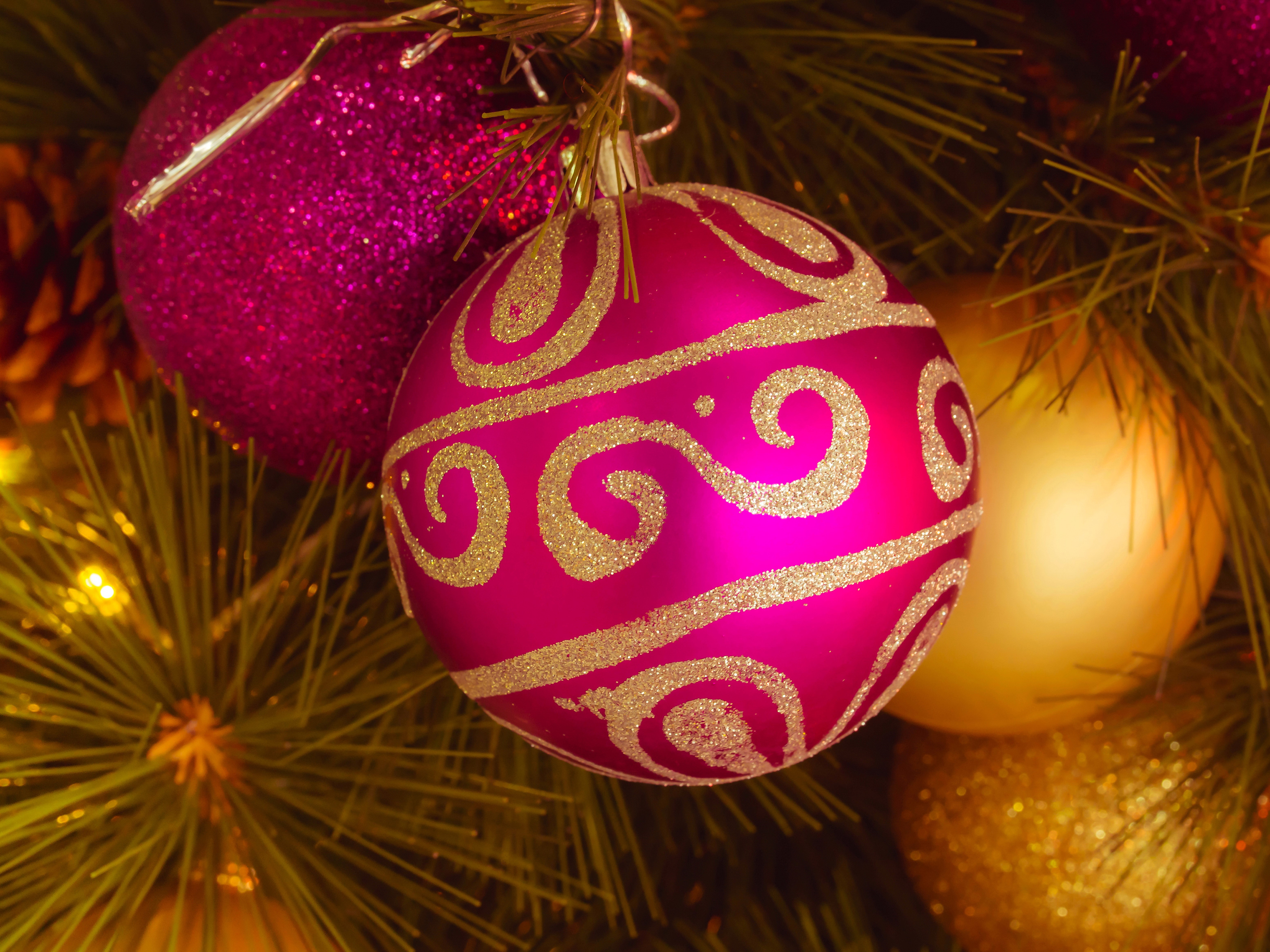 Christmas Ornaments on Pine Branches HD Wallpaper