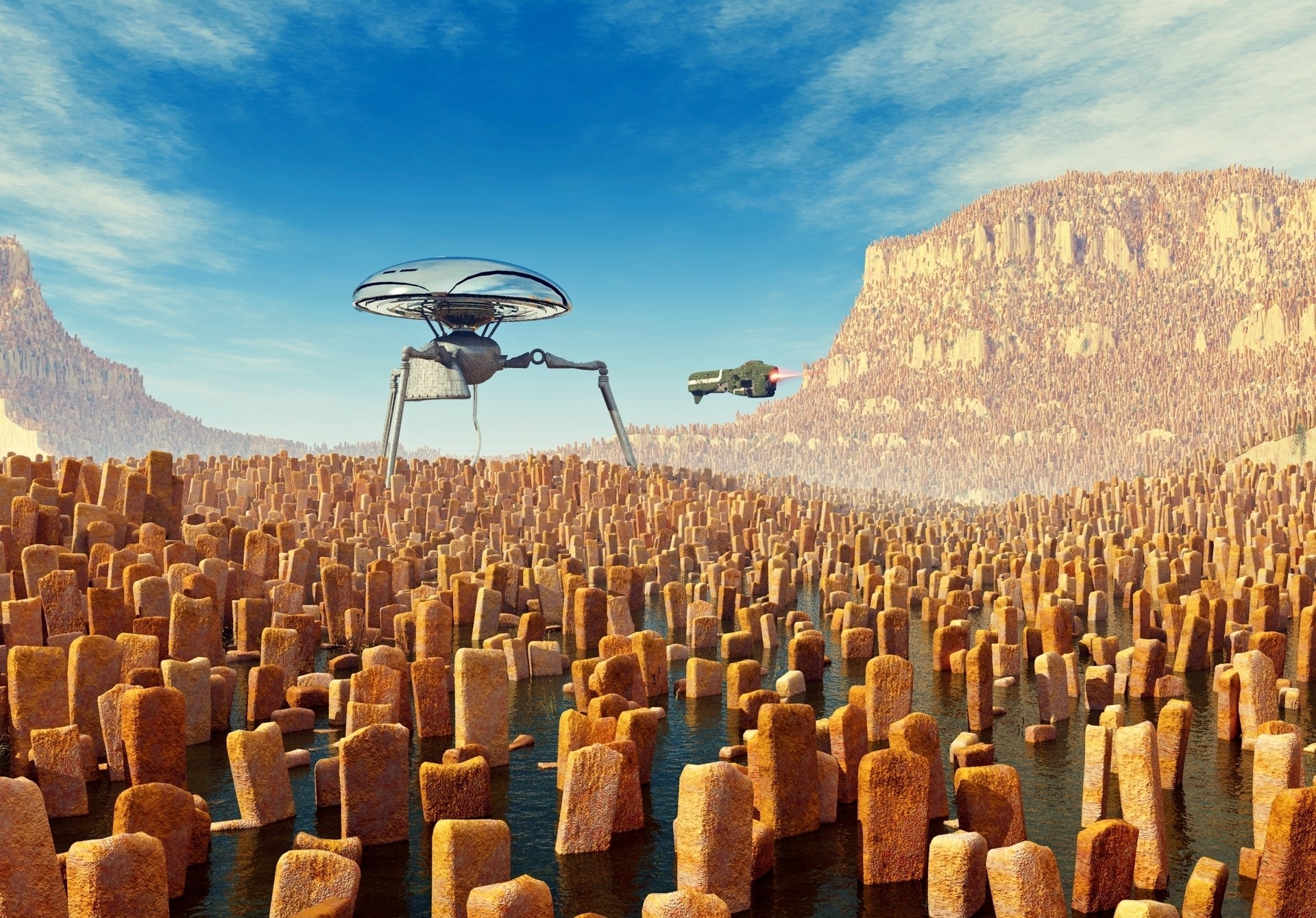 Alien landscape with tripod walker and flying craft HD Wallpaper