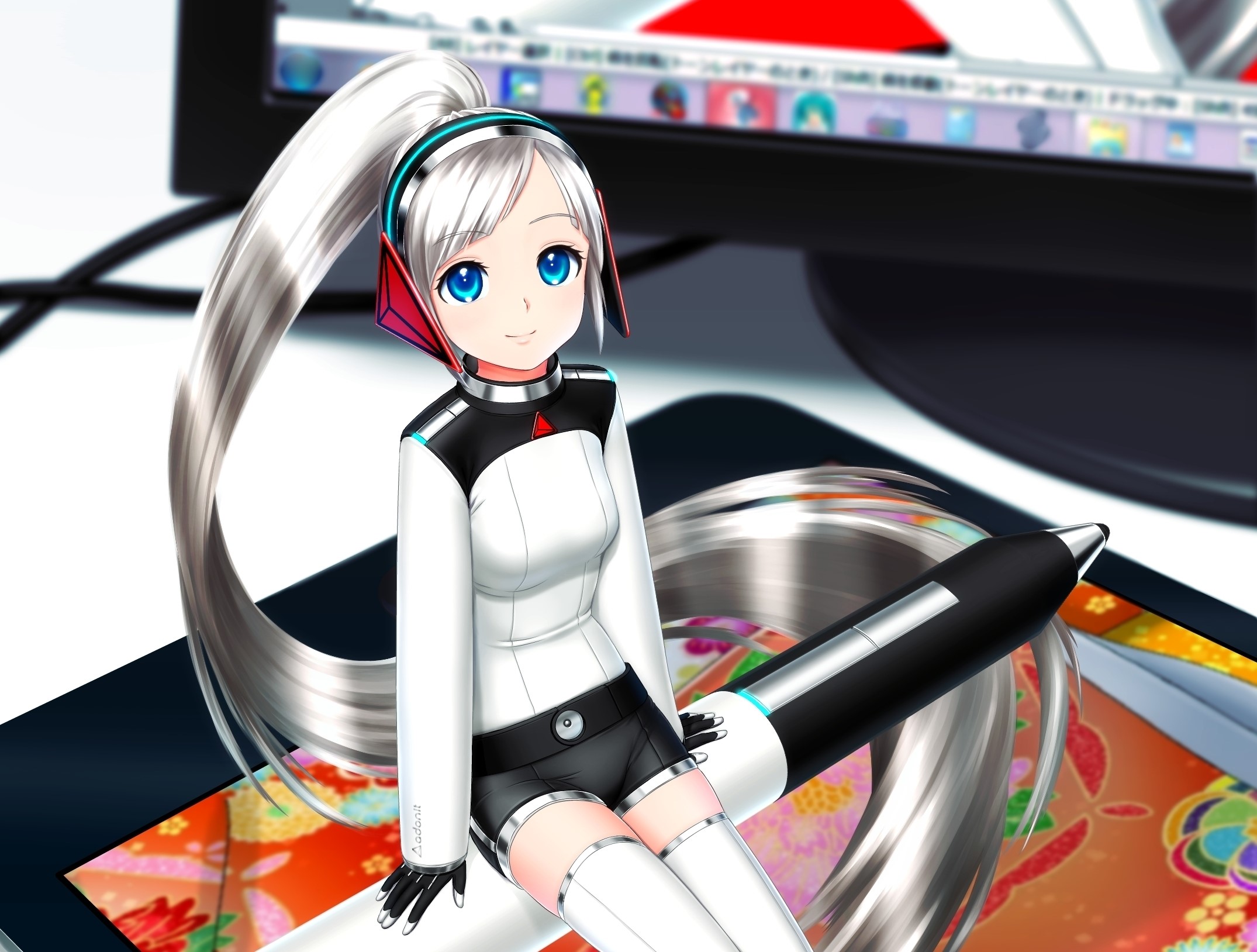 Anime girl with silver hair and headphones at a desk HD Wallpaper