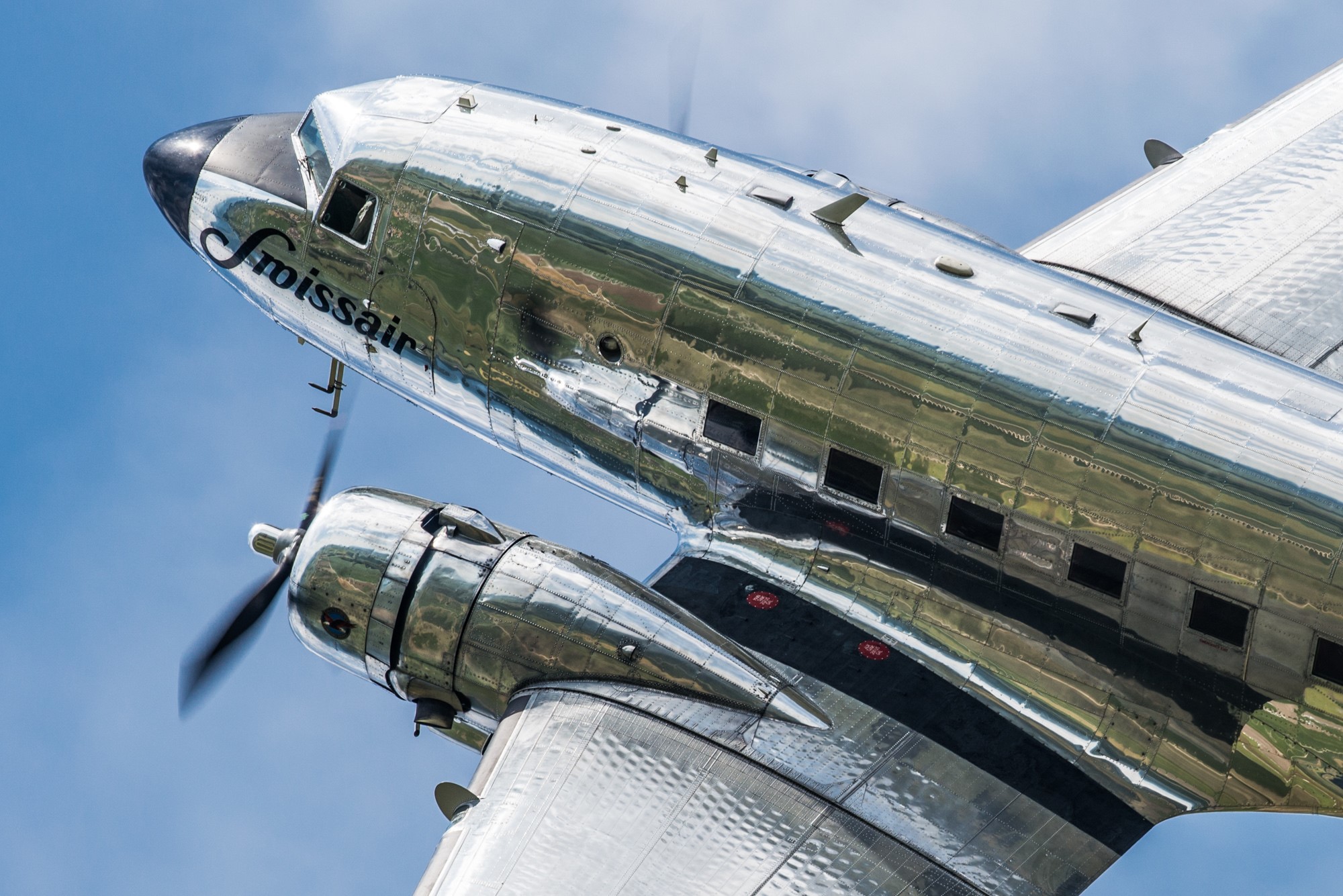Swissair Douglas DC-3 airplane in flight HD Wallpaper