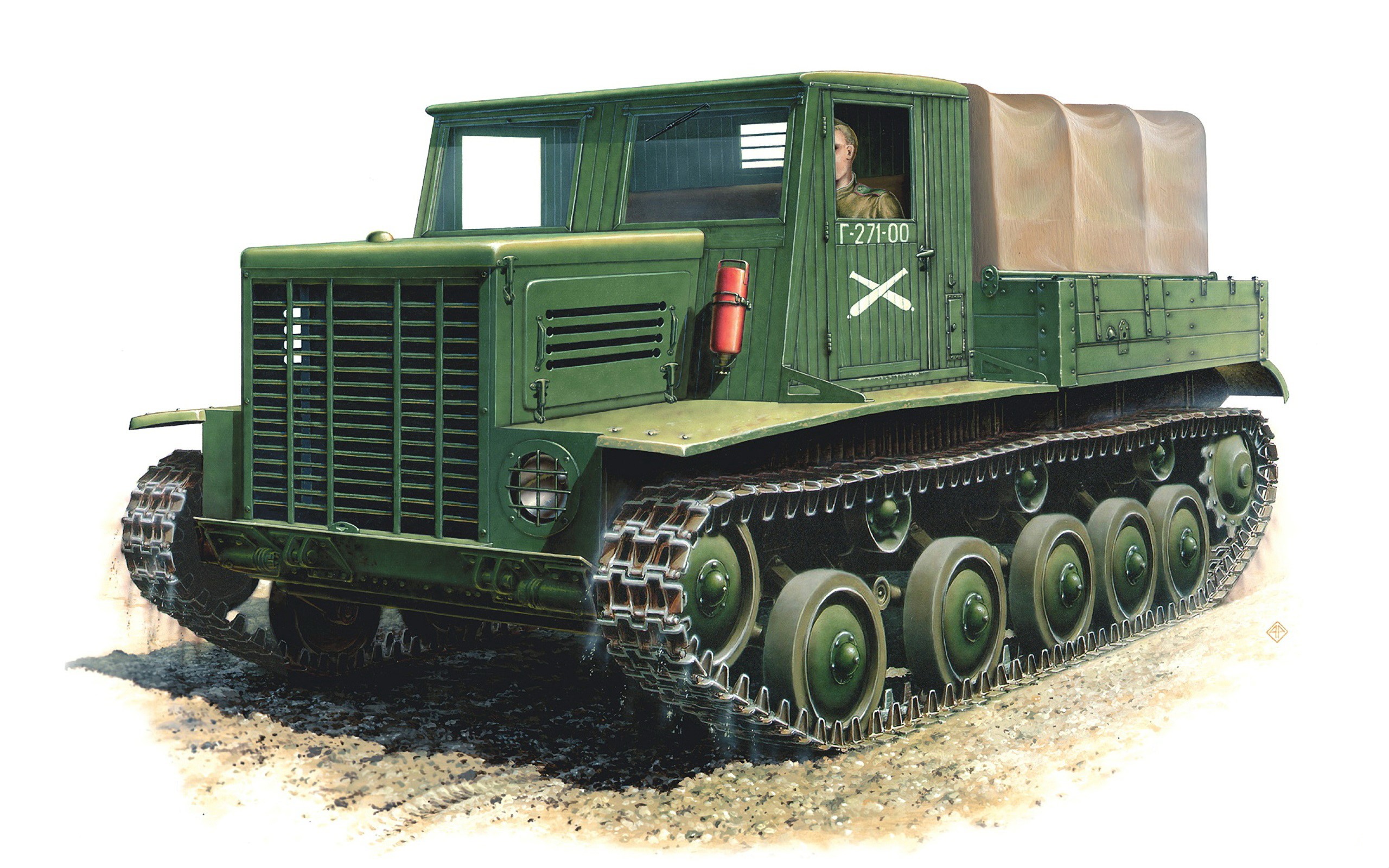 Artistic painting of a green artillery tractor I-12 HD Wallpaper