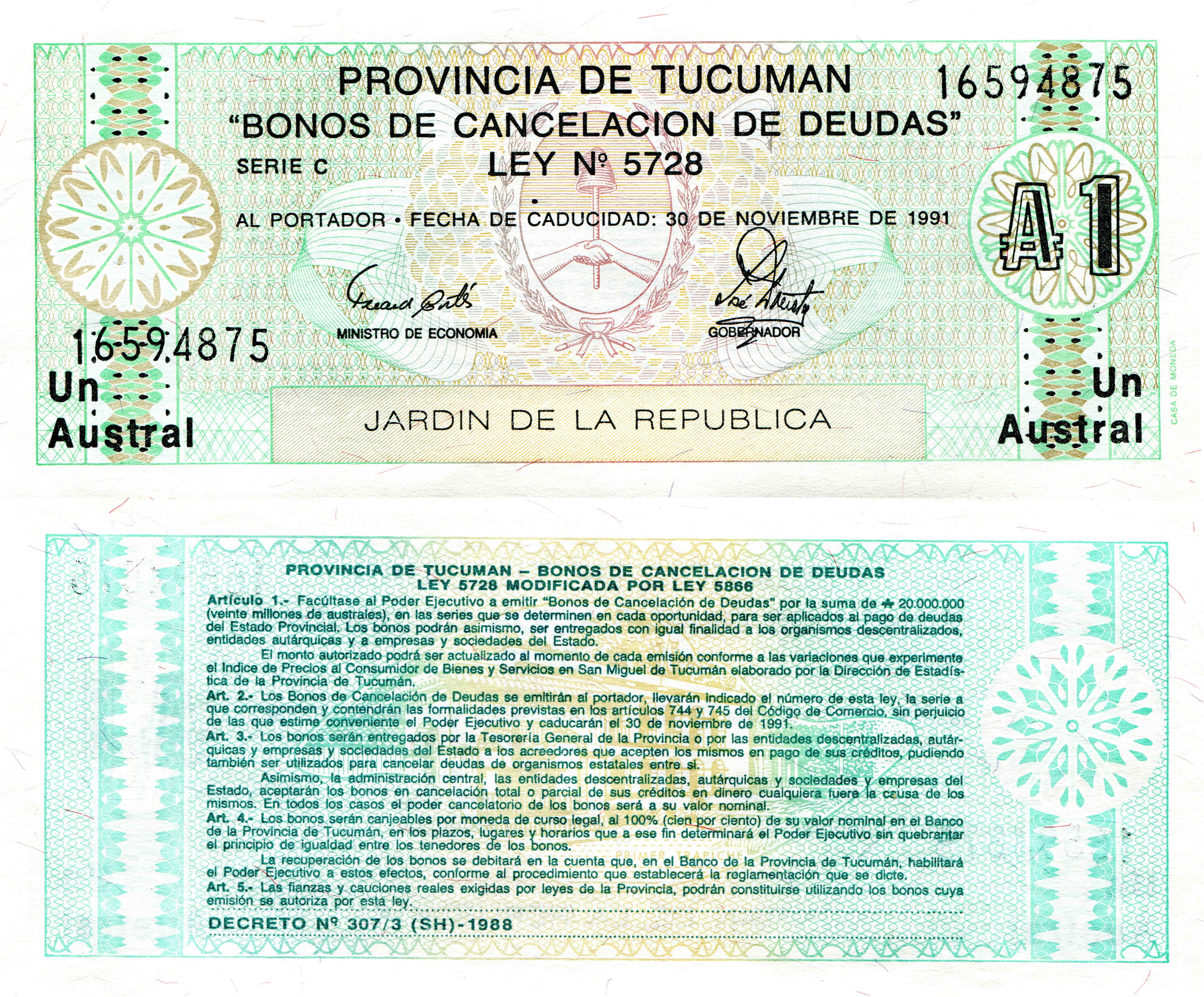 Provincia de Tucuman 1 Austral Bonos de Cancelacion de Deudas HD Wallpaper