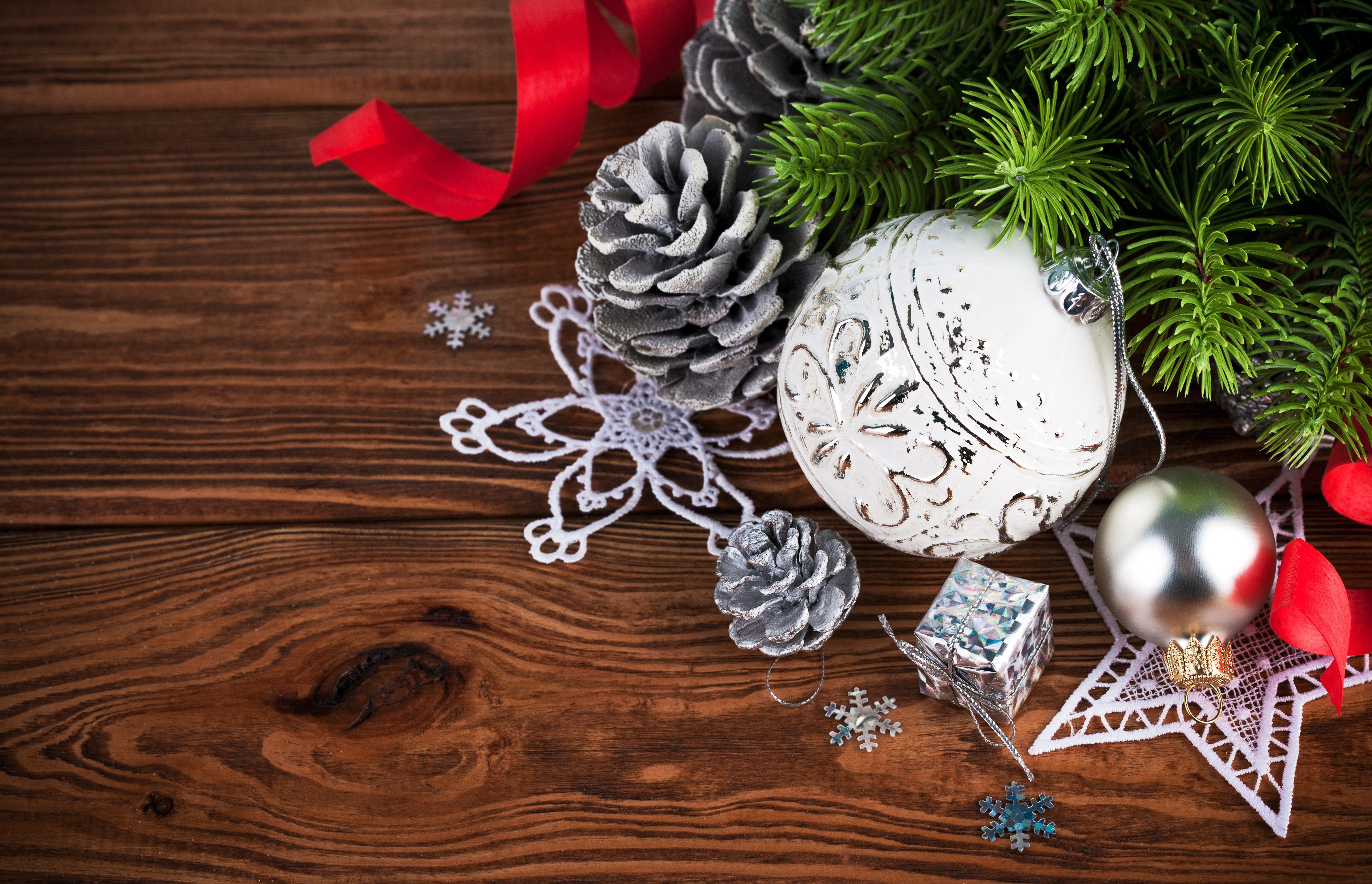 Christmas Decorations on Wooden Background HD Wallpaper