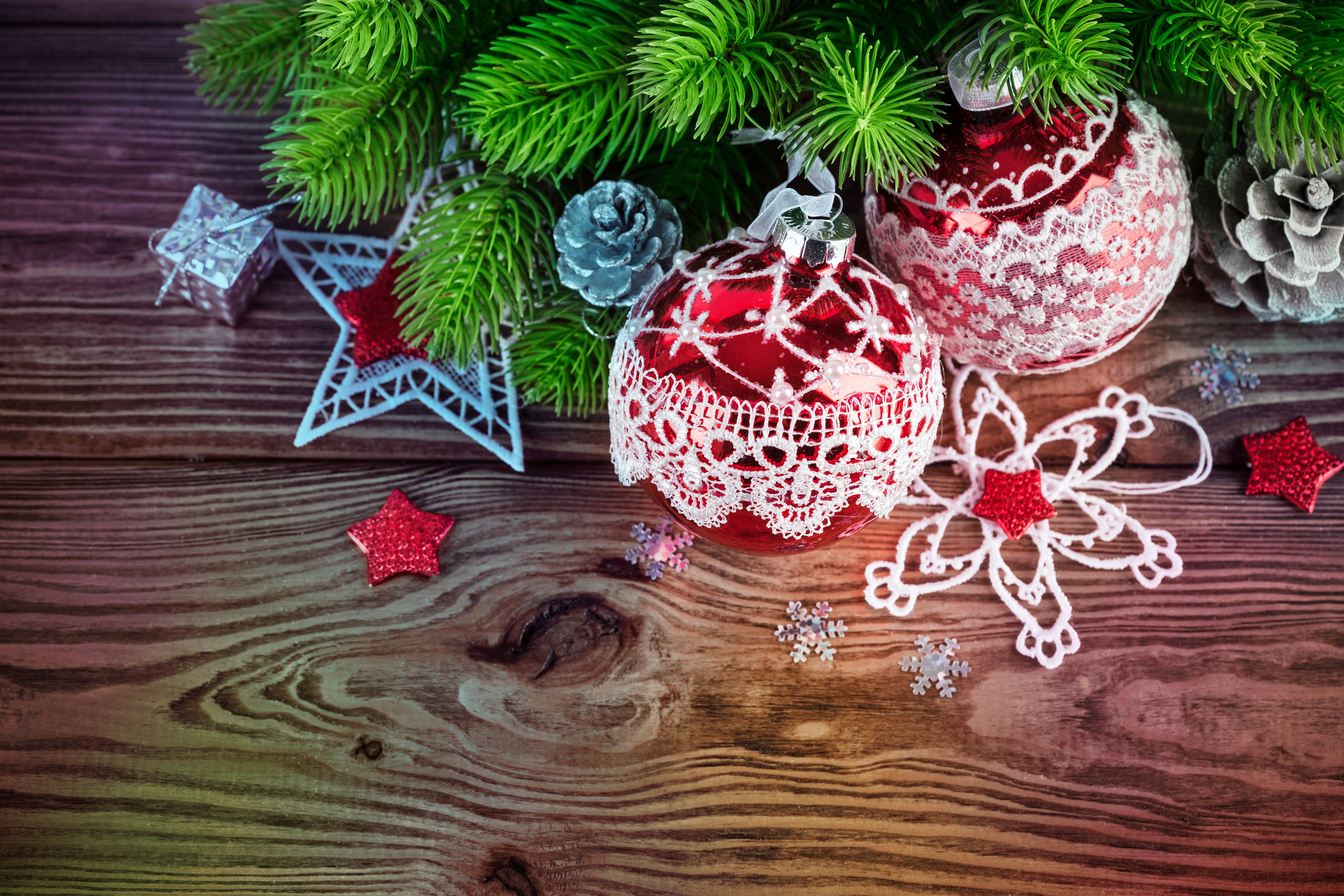 Christmas Ornaments and Pine Branches on Wood HD Wallpaper