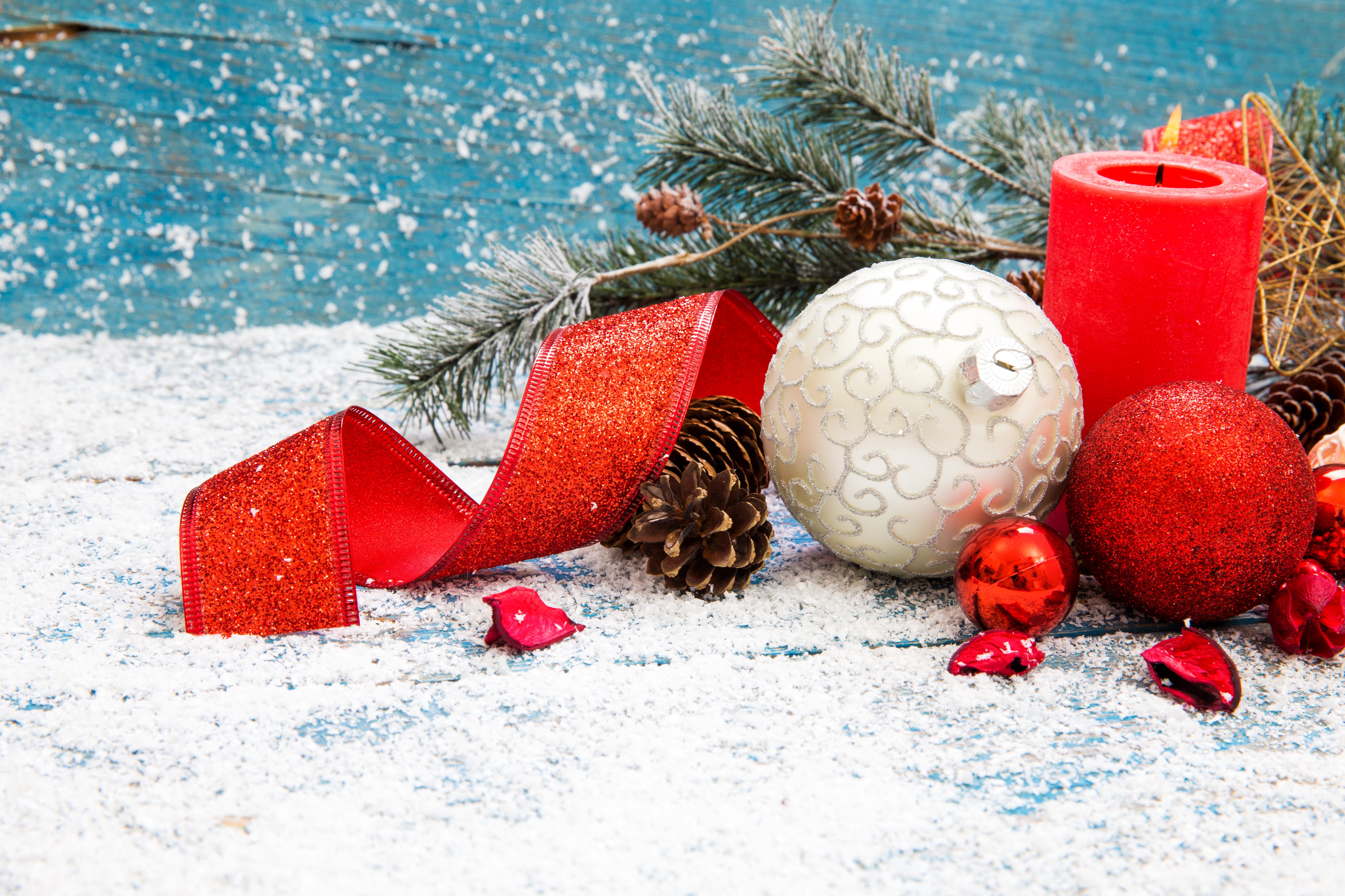 Christmas Decorations with Snow and Candle HD Wallpaper