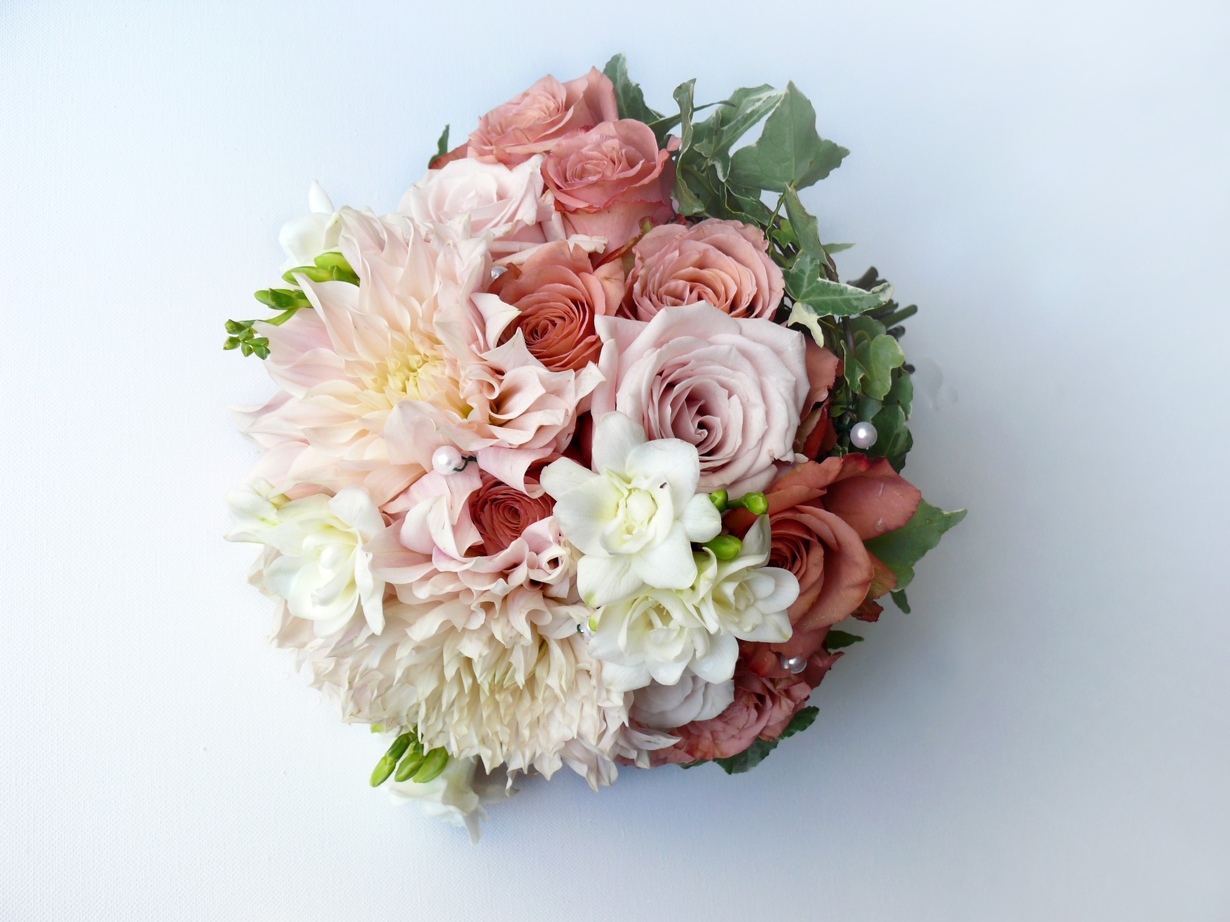 Bouquet of Dahlias, Roses, and Freesia with Pearls HD Wallpaper
