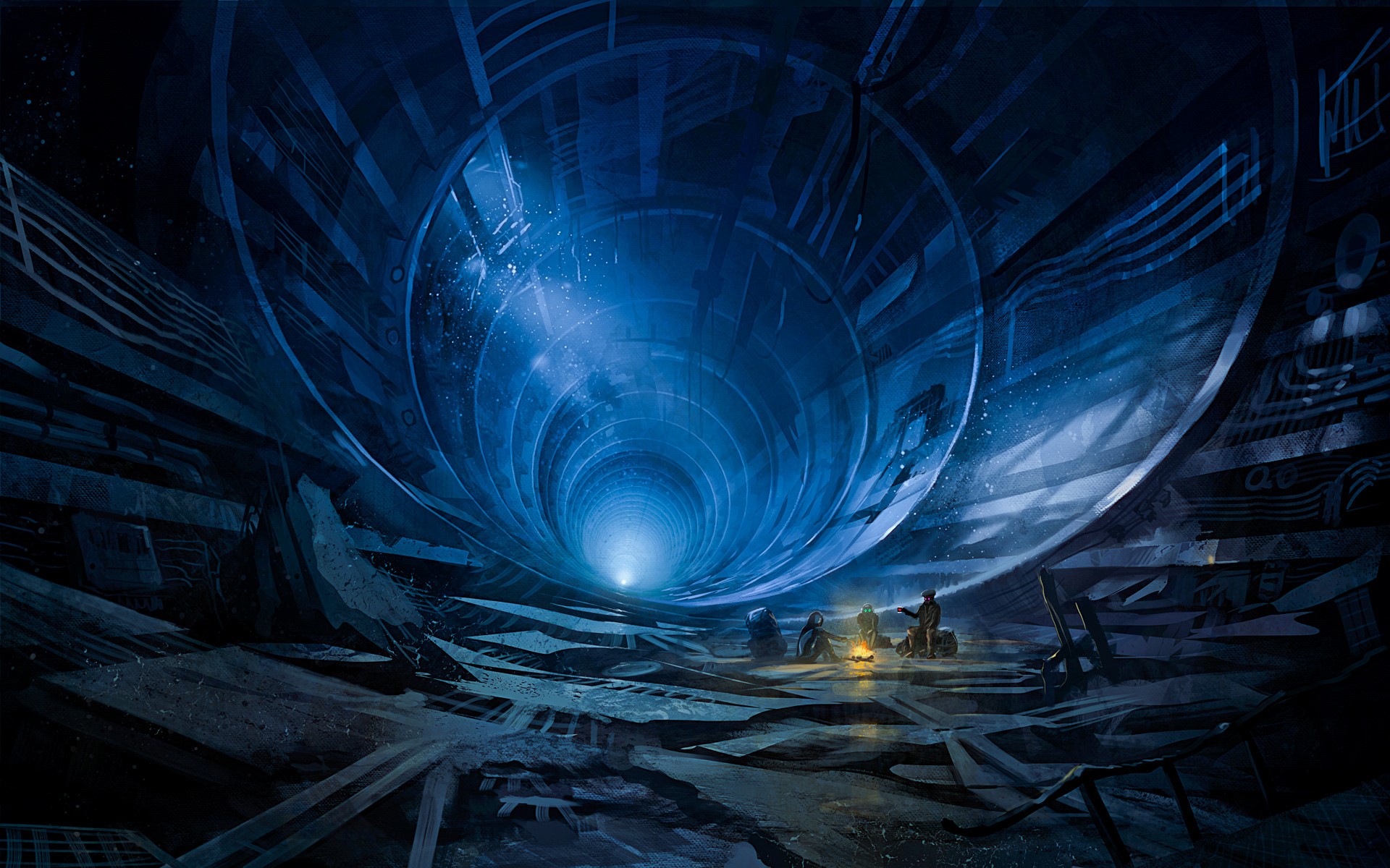 Group of people in a futuristic tunnel HD Wallpaper