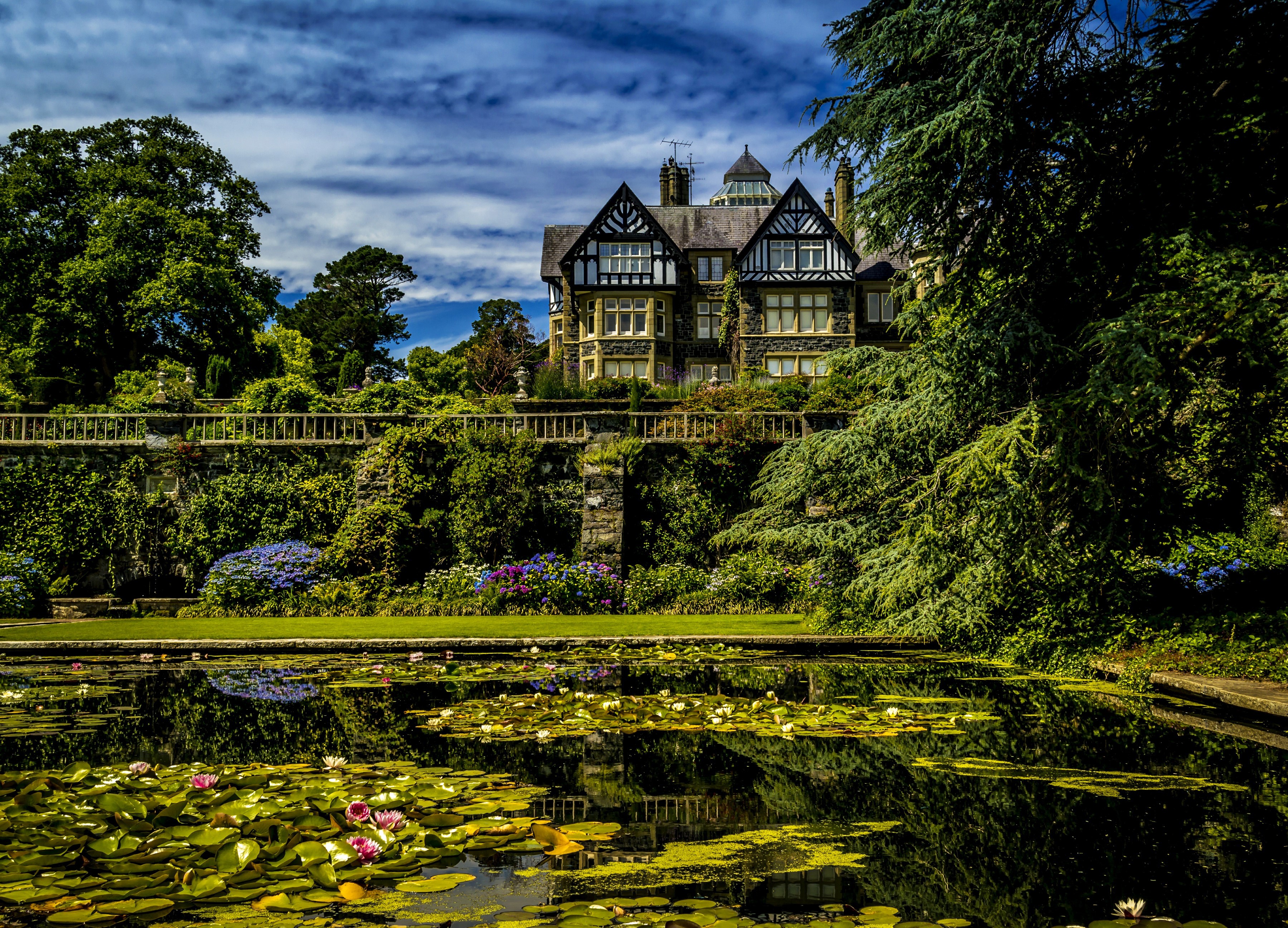 Bodnant Gardens Pond with Water Lilies in Wales HD Wallpaper