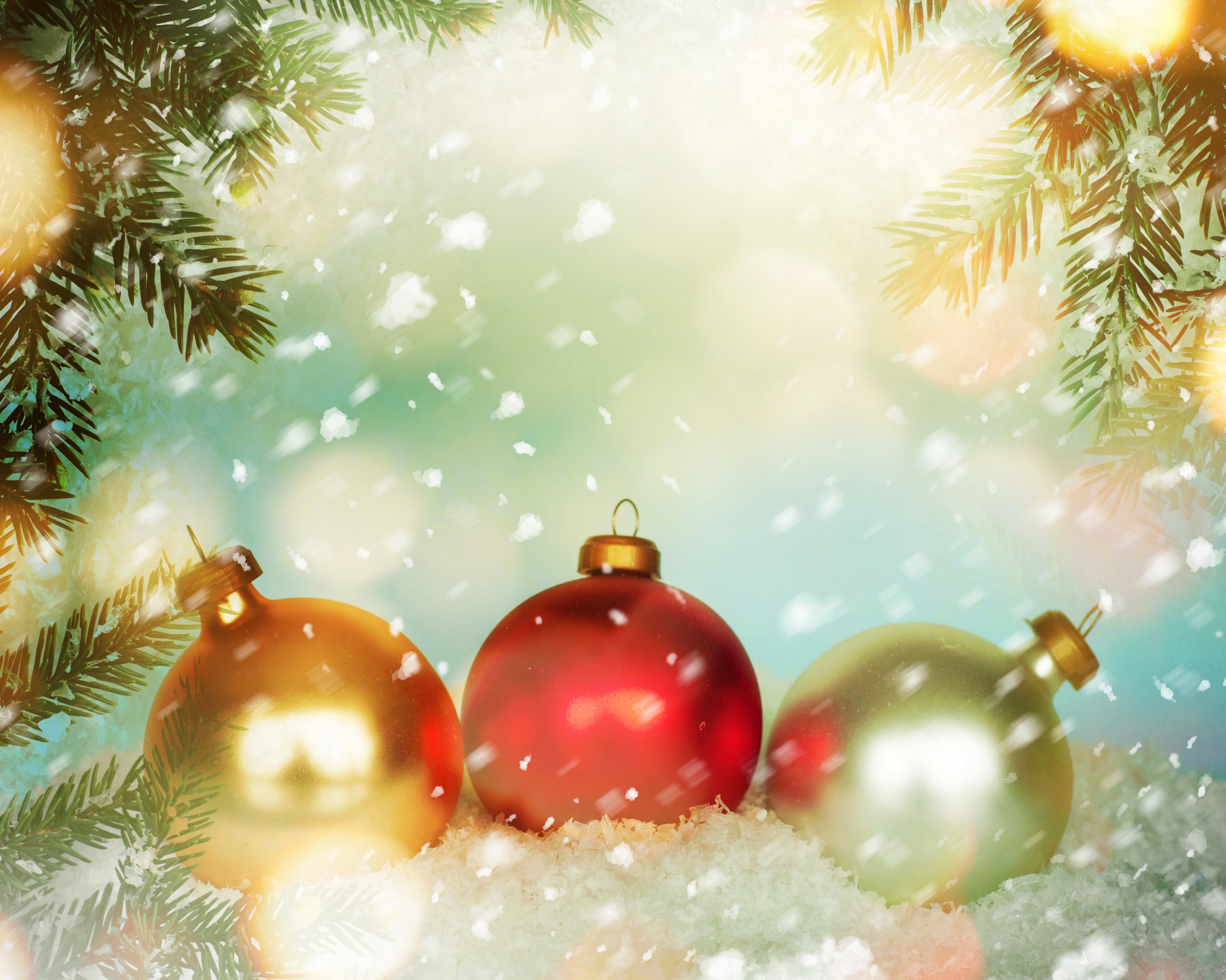 Christmas Ornaments and Snow with Fir Branches HD Wallpaper