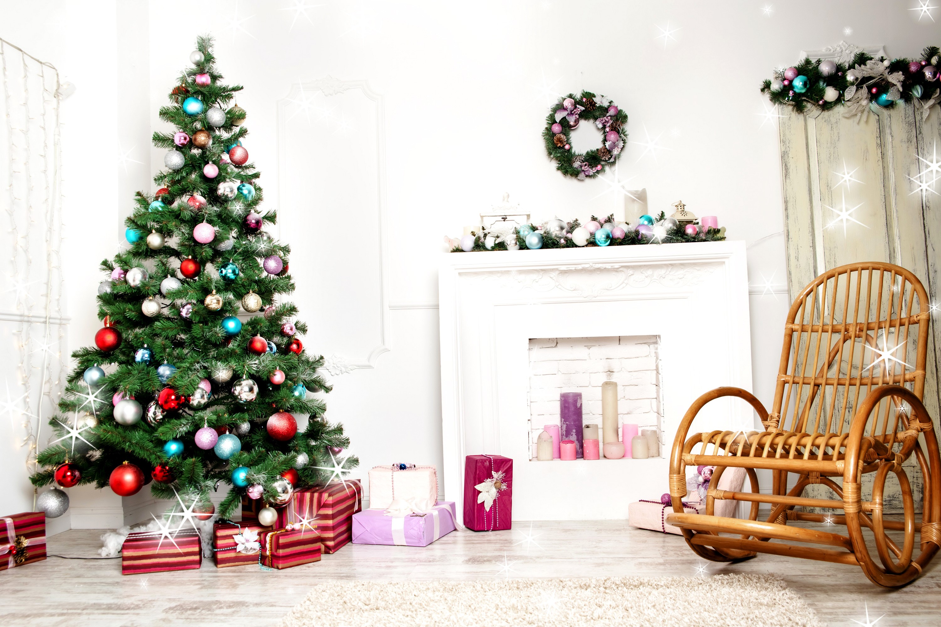Christmas tree with gifts and fireplace HD Wallpaper