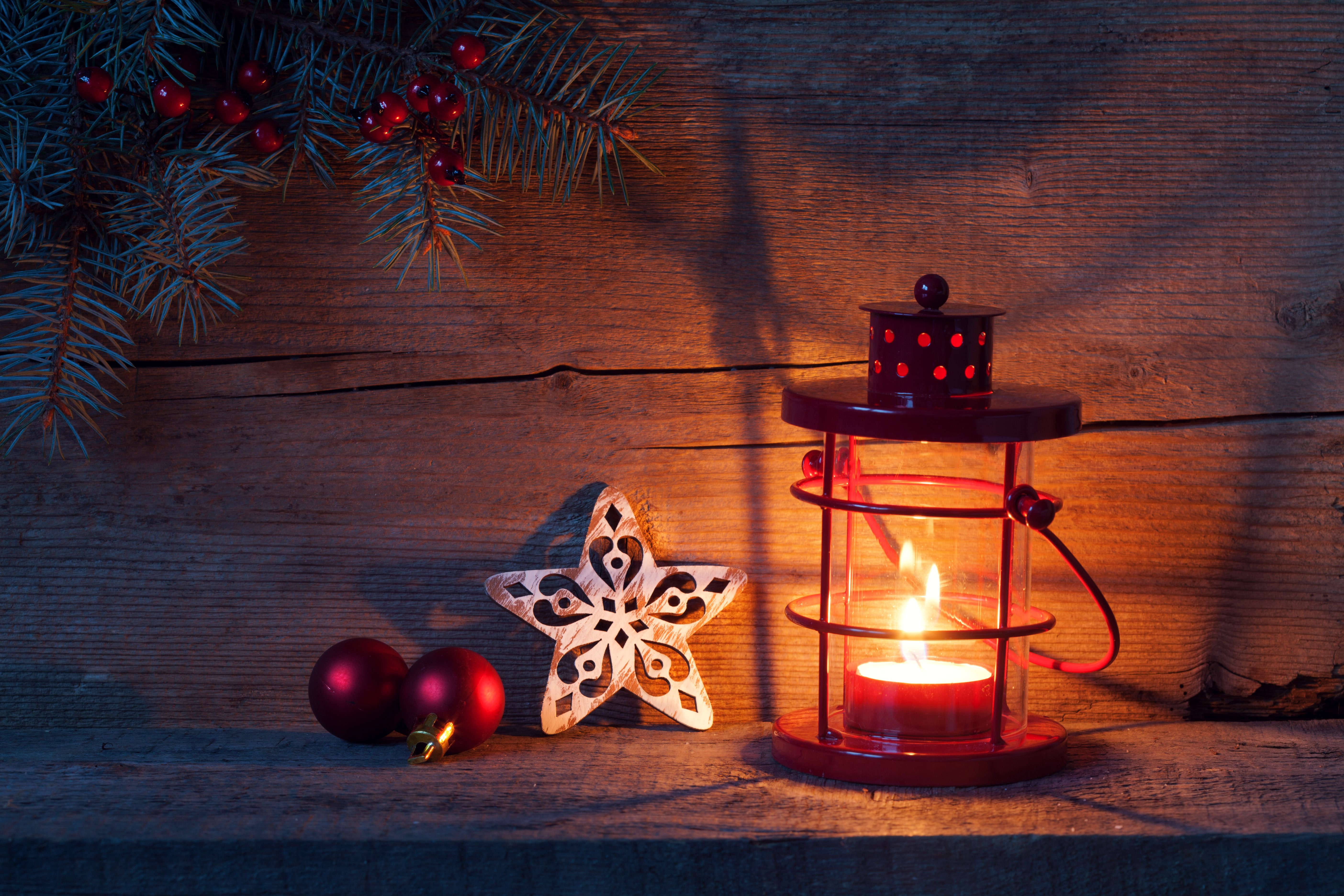 Christmas lantern with ornaments and pine branches HD Wallpaper