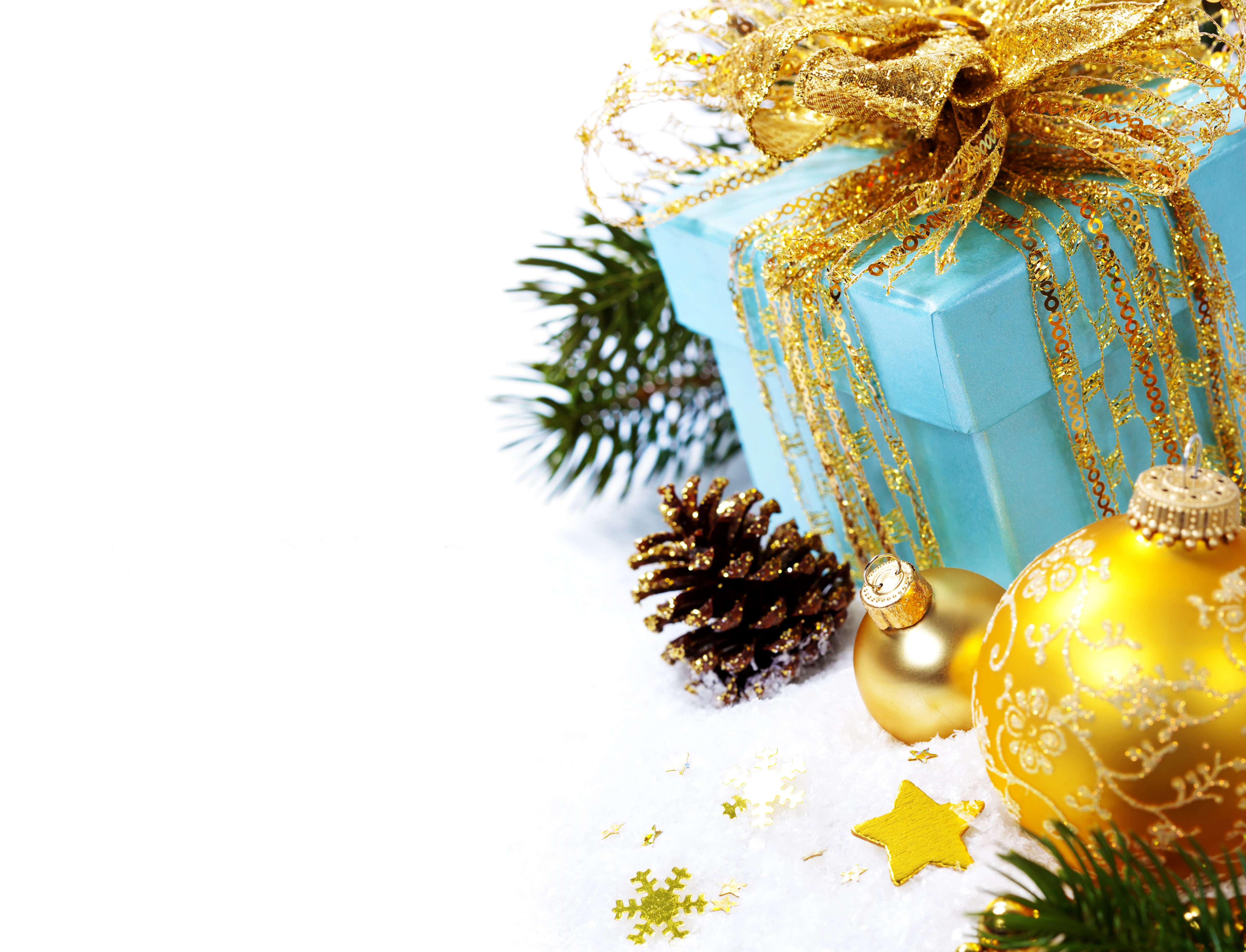 Christmas gift with ornaments and pine cone HD Wallpaper